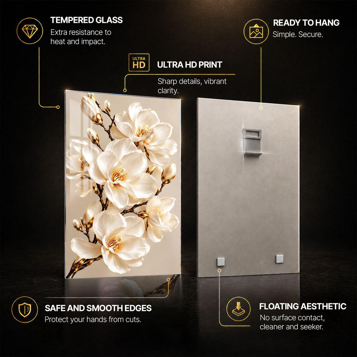 Ivory Blossom — tempered glass, ultra HD print, ready to hang