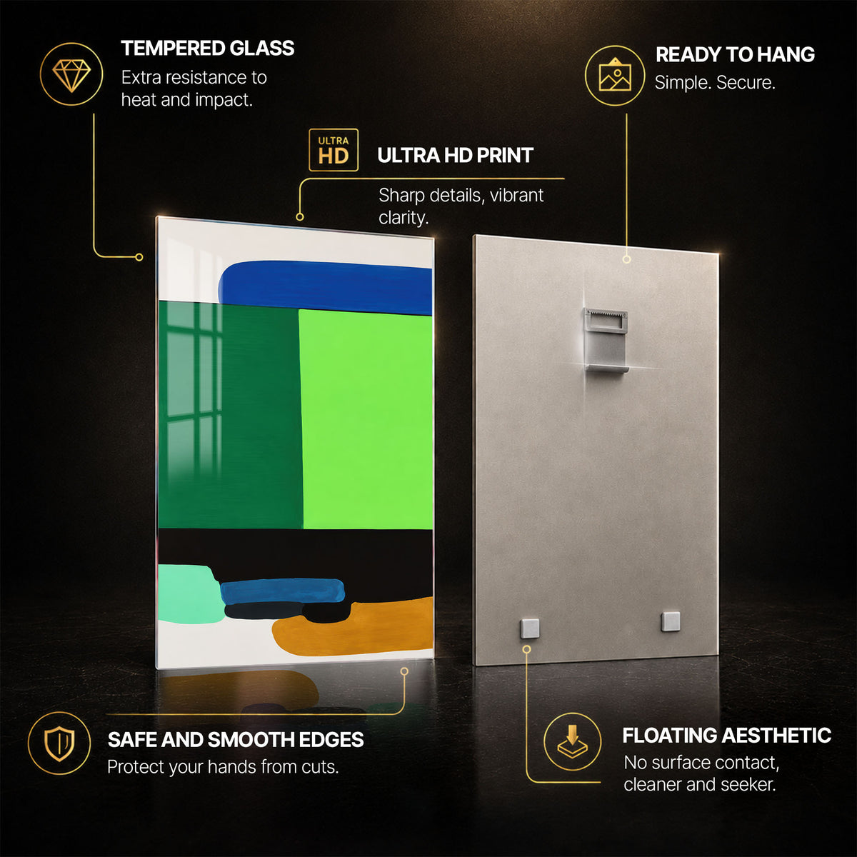 Emerald Colour Blocks — tempered glass, ultra HD print, ready to hang