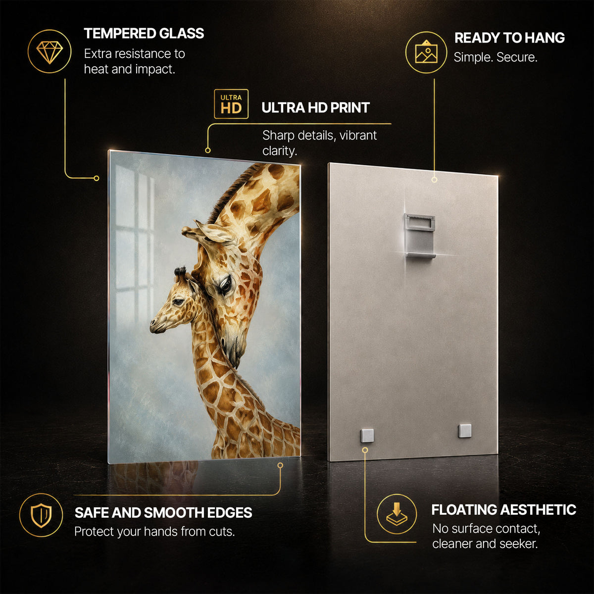 Tender Giraffes — tempered glass, ultra HD print, ready to hang