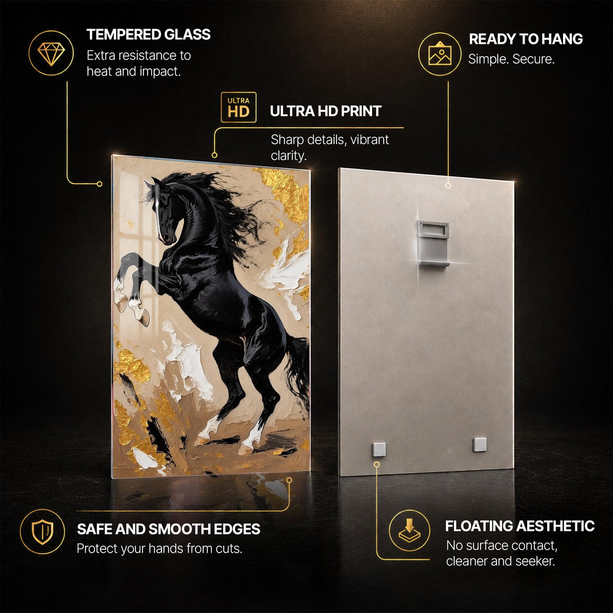 Rearing Black Stallion — tempered glass, ultra HD print, ready to hang