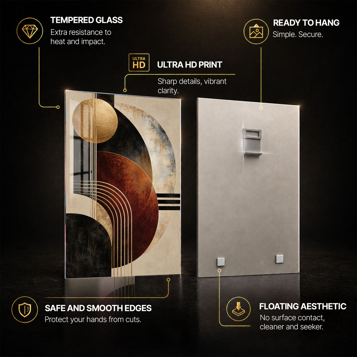 Golden Arcs — tempered glass, ultra HD print, ready to hang