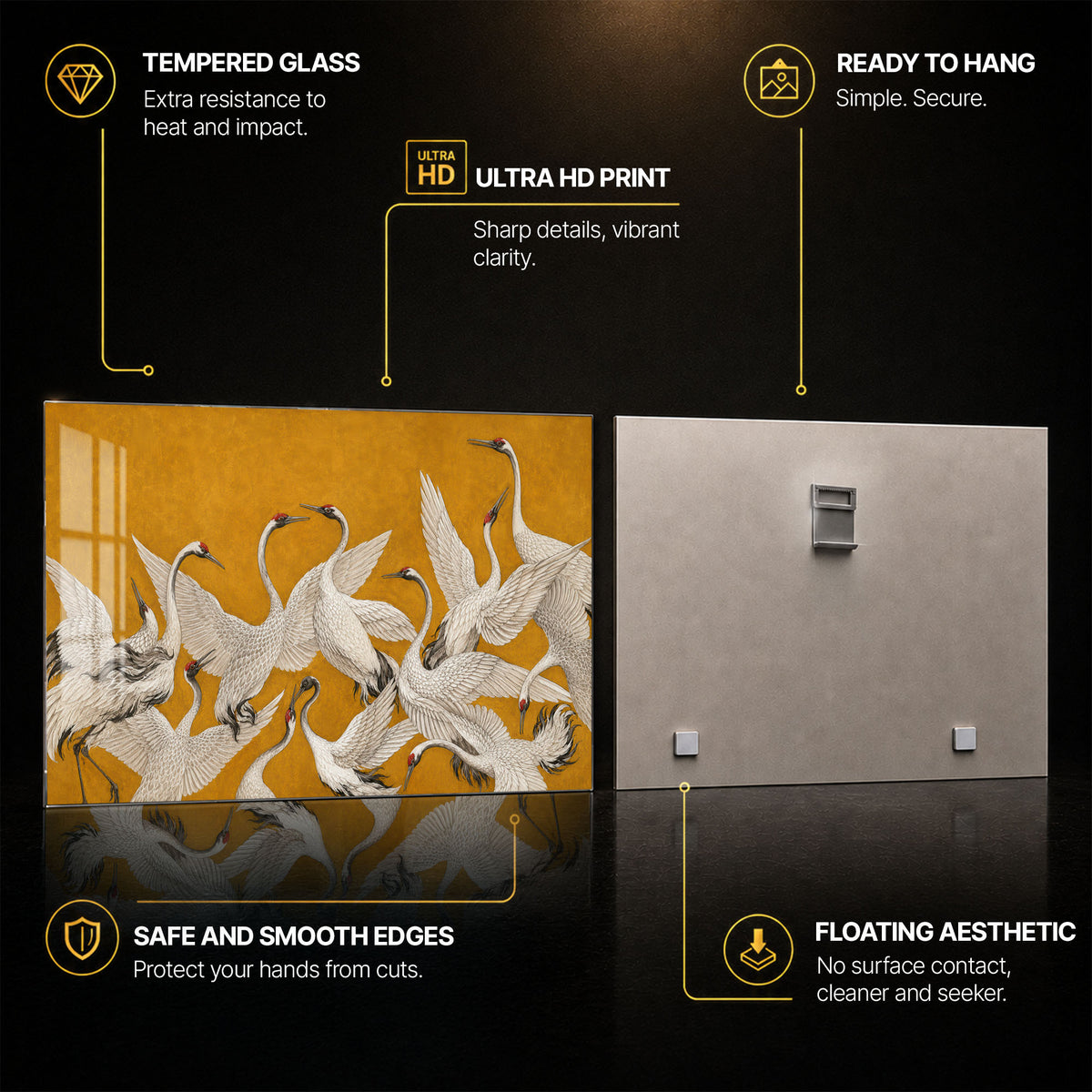 Golden Cranes in Flight — tempered glass, ultra HD print, ready to hang