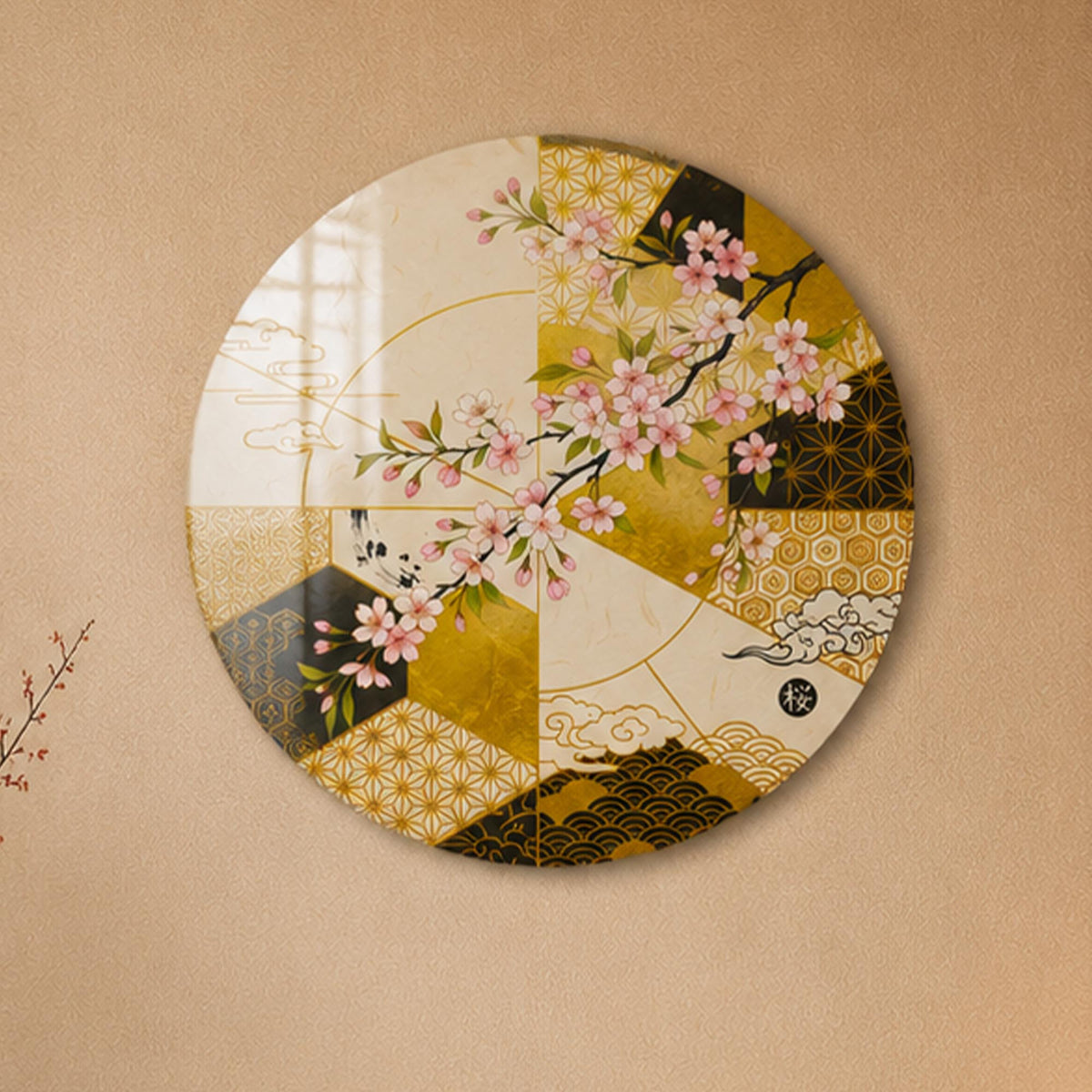 Golden Sakura — tempered glass, ultra HD print, ready to hang