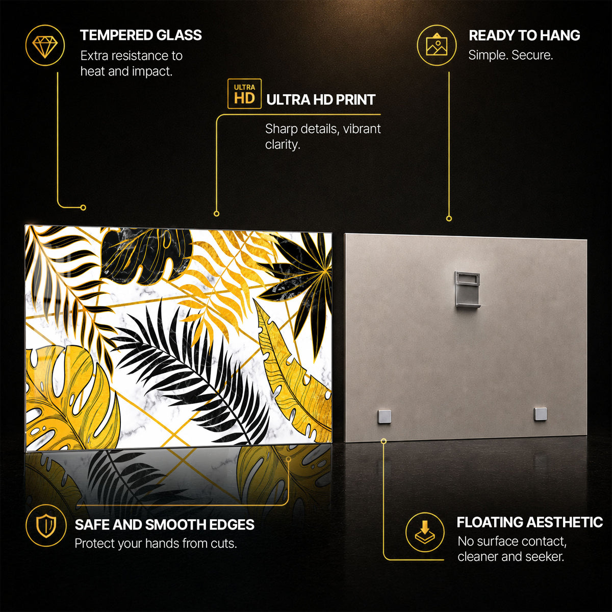 Gold and Black Tropical Leaves — tempered glass, ultra HD print, ready to hang