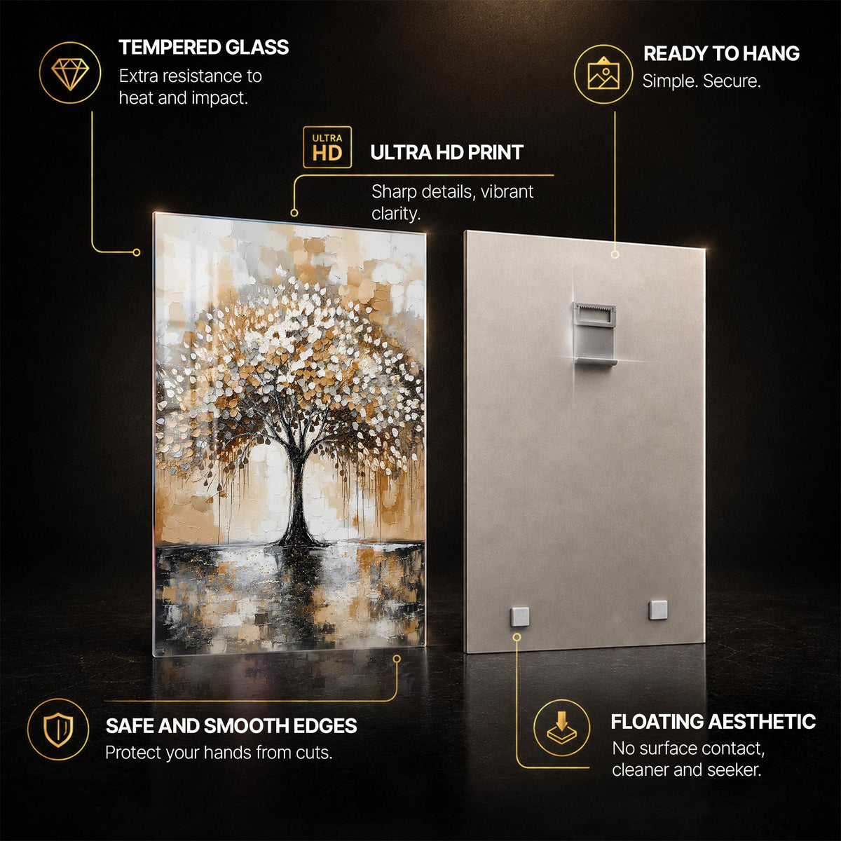Golden Canopy Tree — tempered glass, ultra HD print, ready to hang