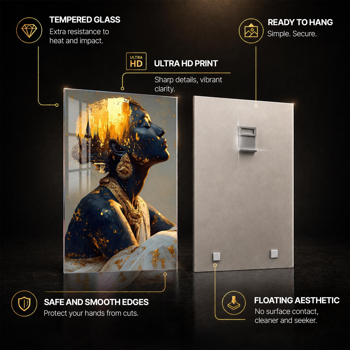 Golden African City Portrait — tempered glass, ultra HD print, ready to hang