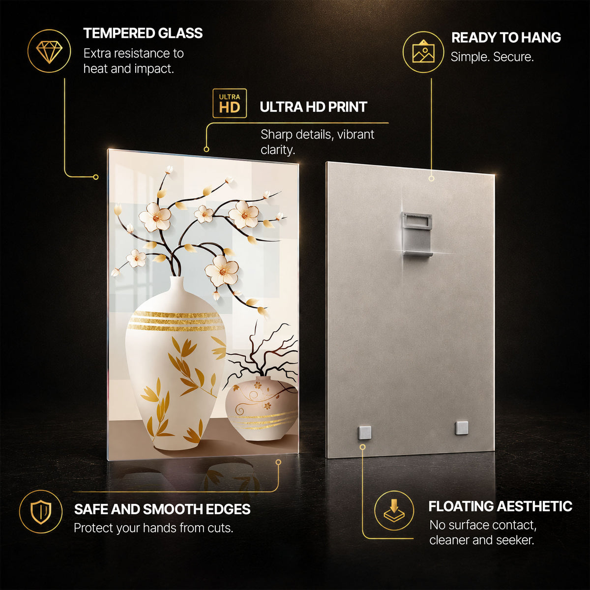 Golden Blossom Vases — tempered glass, ultra HD print, ready to hang