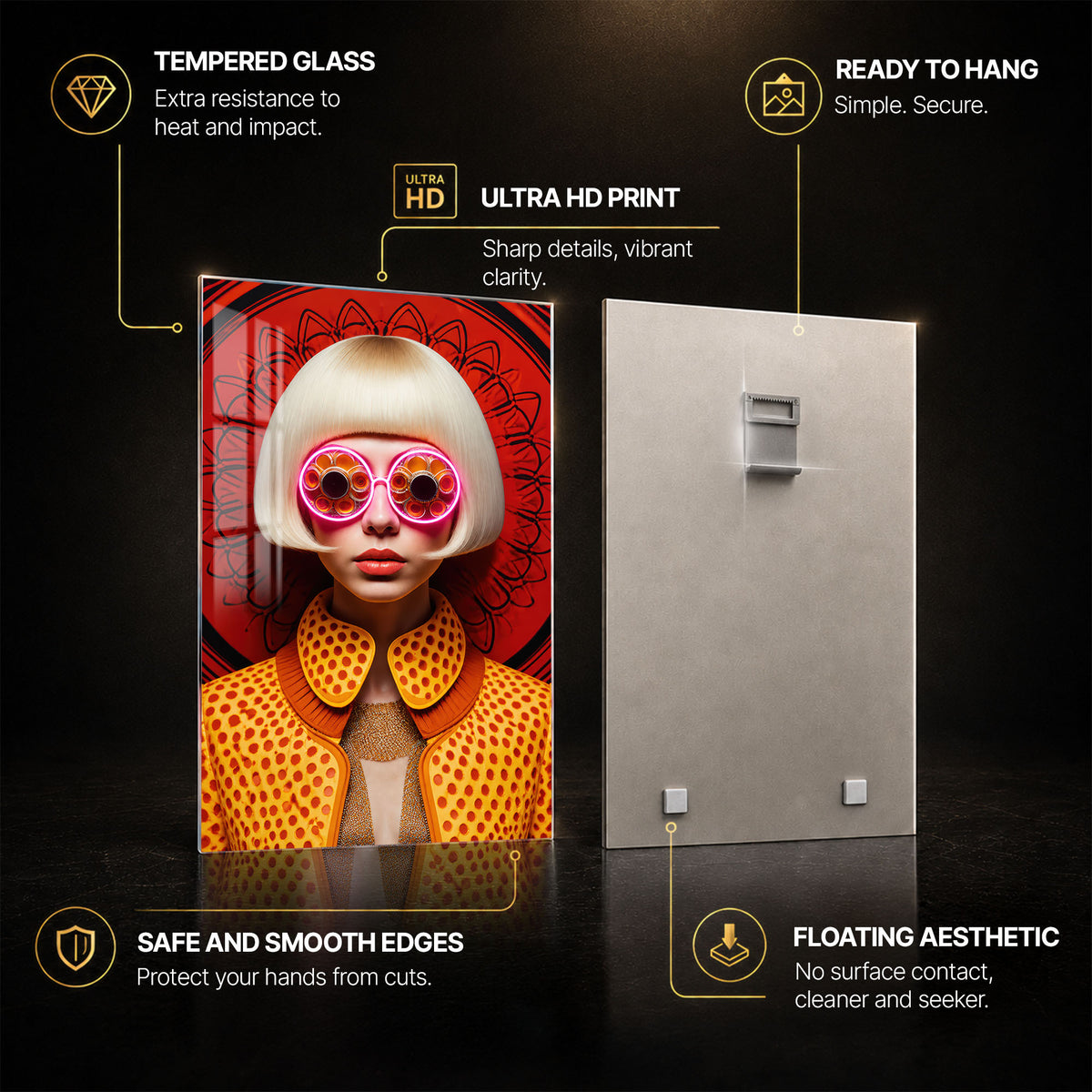 Neon Retro Vision — tempered glass, ultra HD print, ready to hang