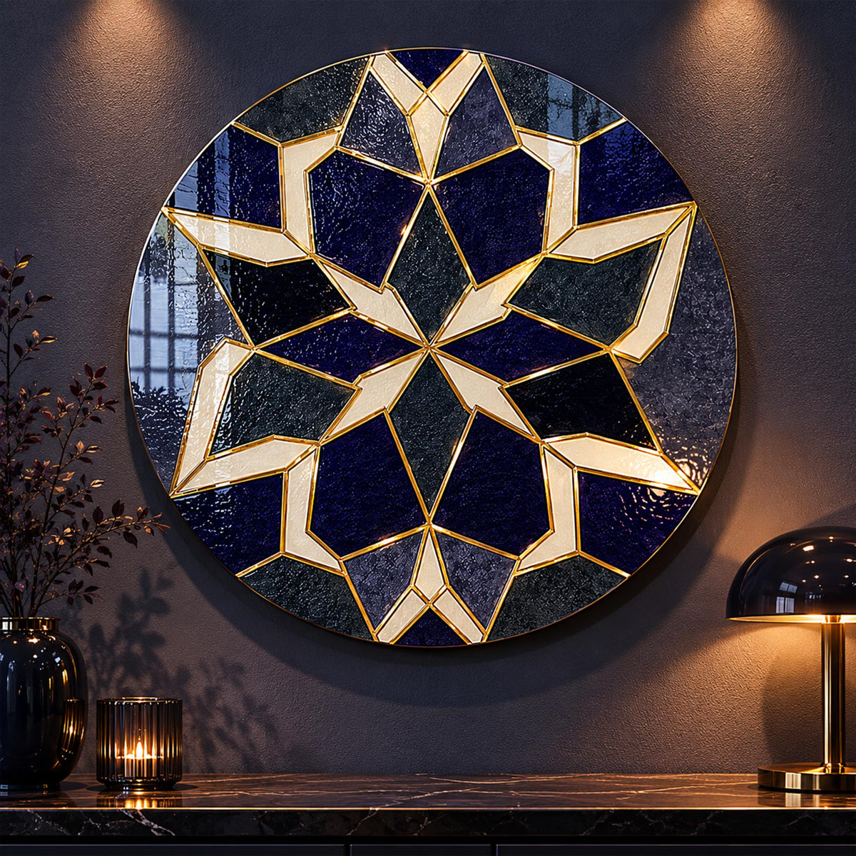 Midnight Lotus Geometry — tempered glass, ultra HD print, ready to hang