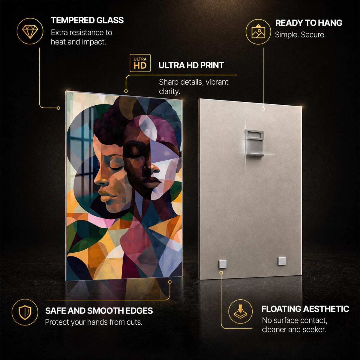 Geometric African Faces — tempered glass, ultra HD print, ready to hang