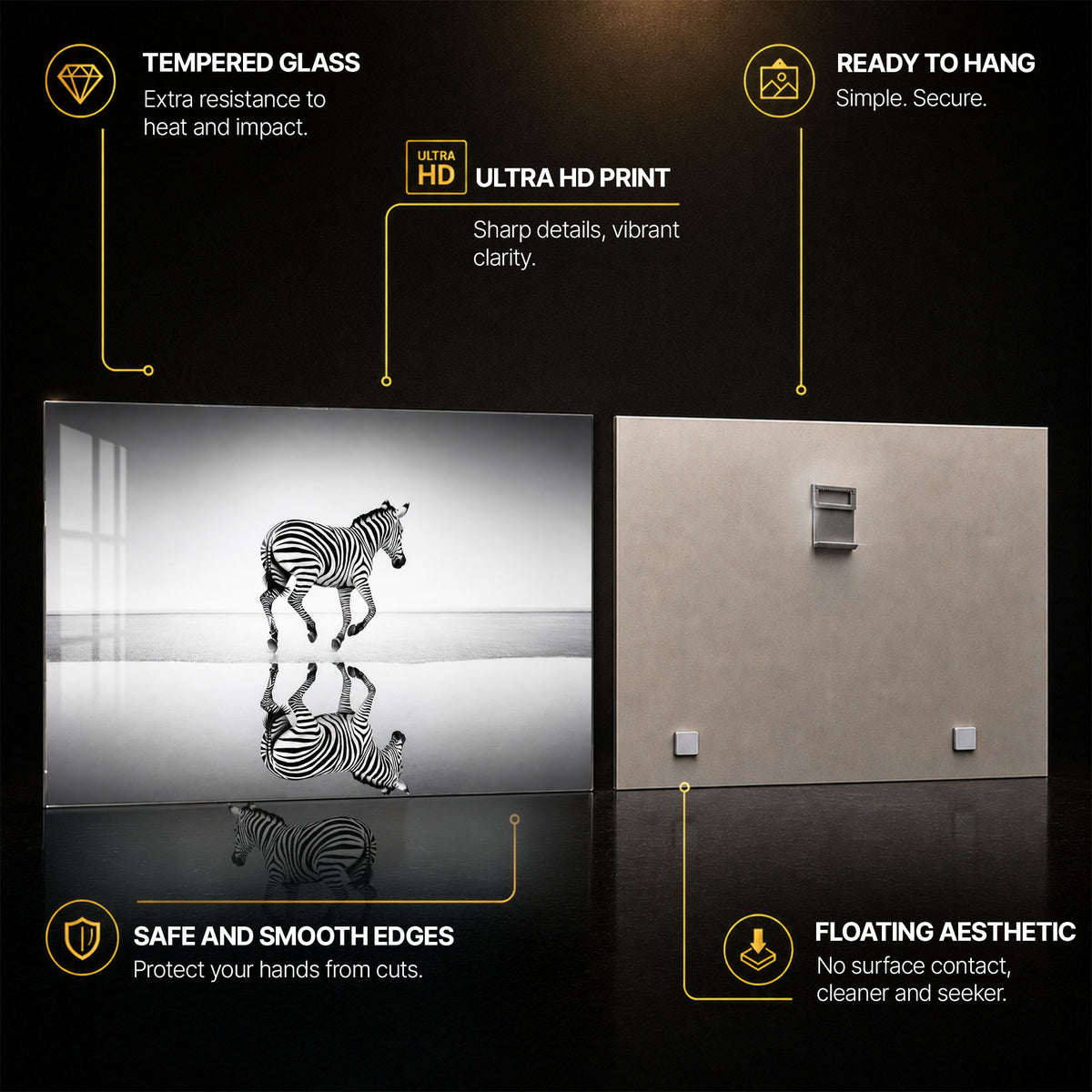 Reflecting Running Zebra — tempered glass, ultra HD print, ready to hang