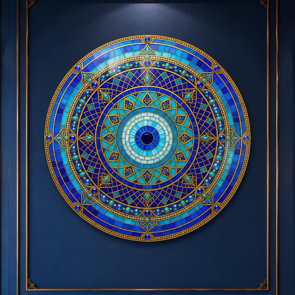 Sapphire Celestial Mandala — tempered glass, ultra HD print, ready to hang