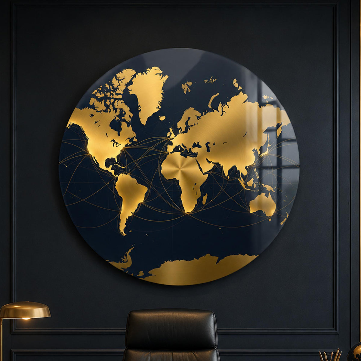 Midnight Gold World Map — tempered glass, ultra HD print, ready to hang