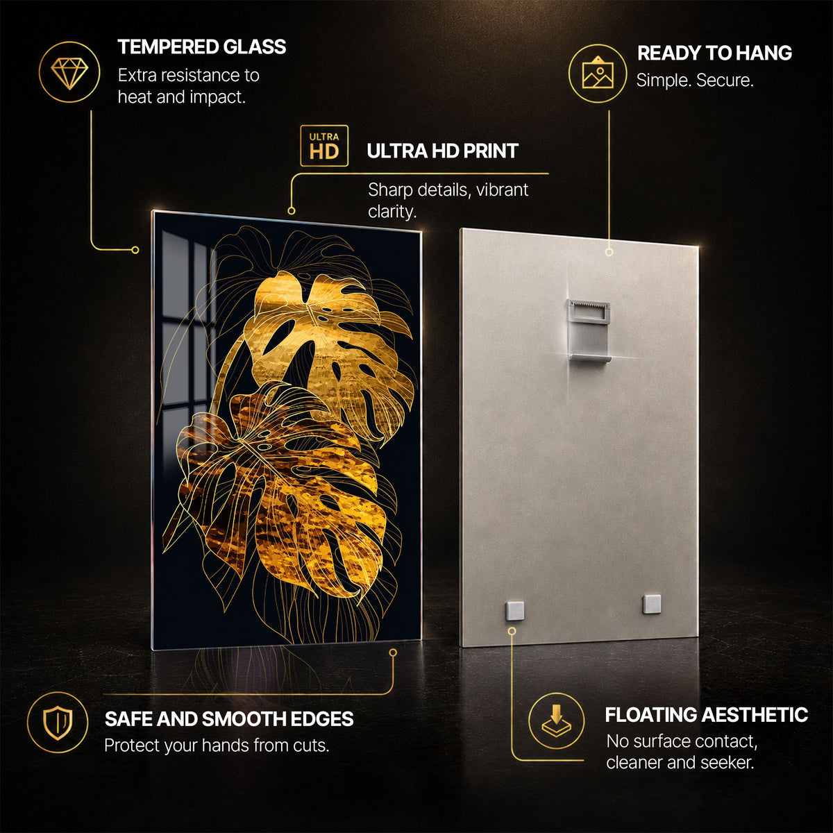 Golden Monstera — tempered glass, ultra HD print, ready to hang