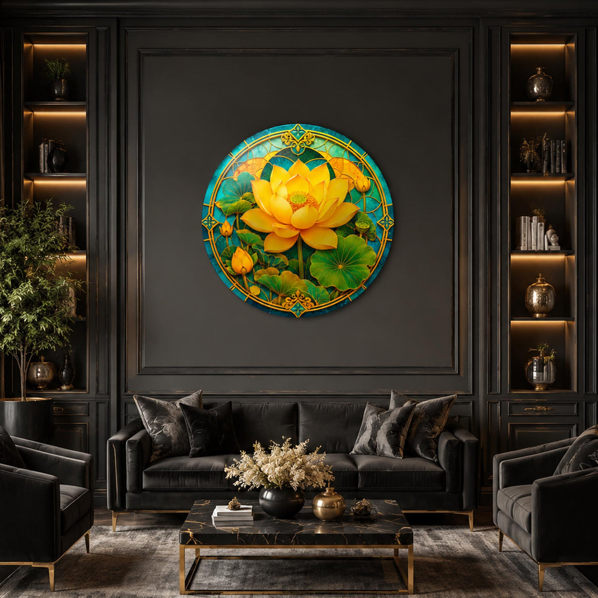 Golden Lotus — tempered glass, ultra HD print, ready to hang