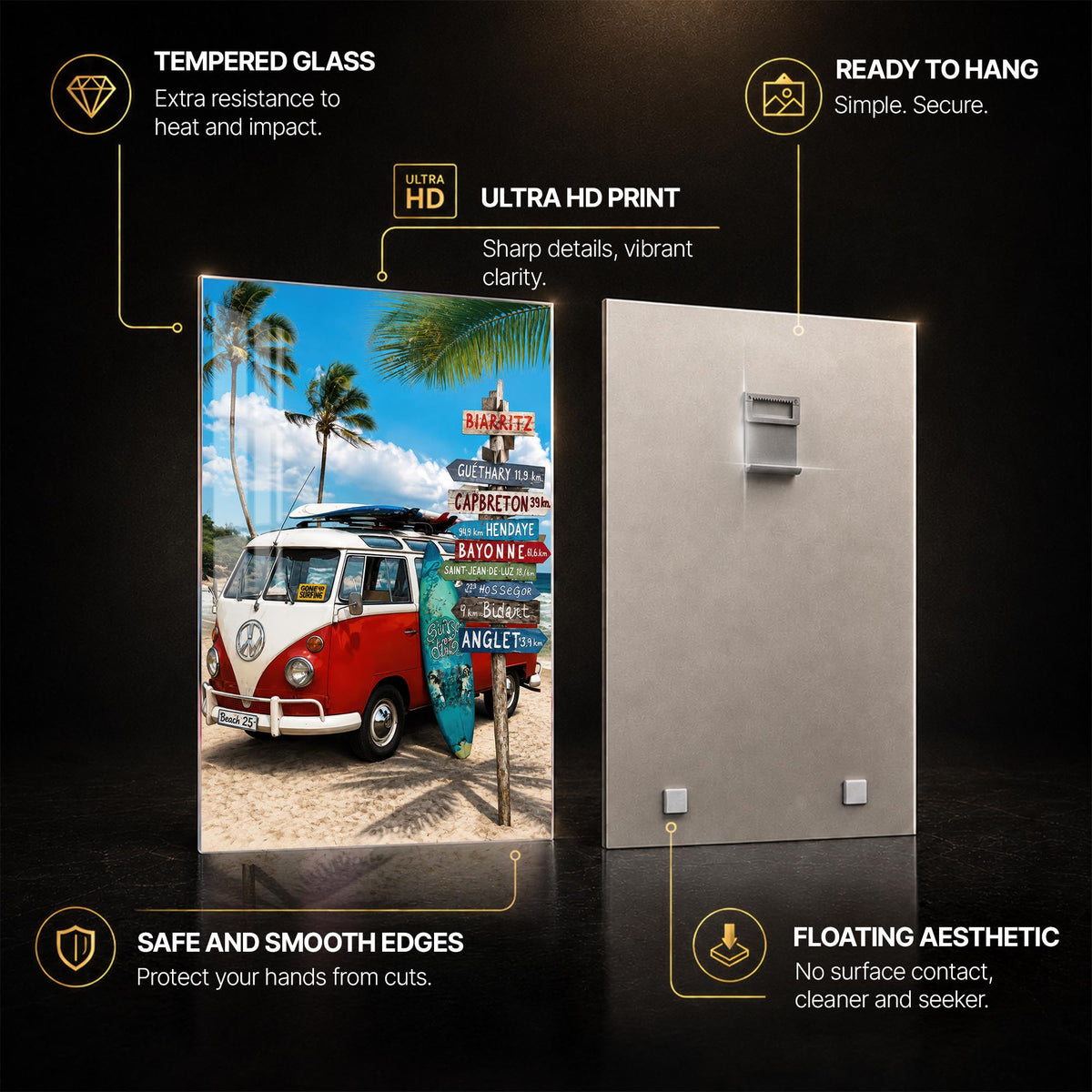 Biarritz Surf Adventure — tempered glass, ultra HD print, ready to hang
