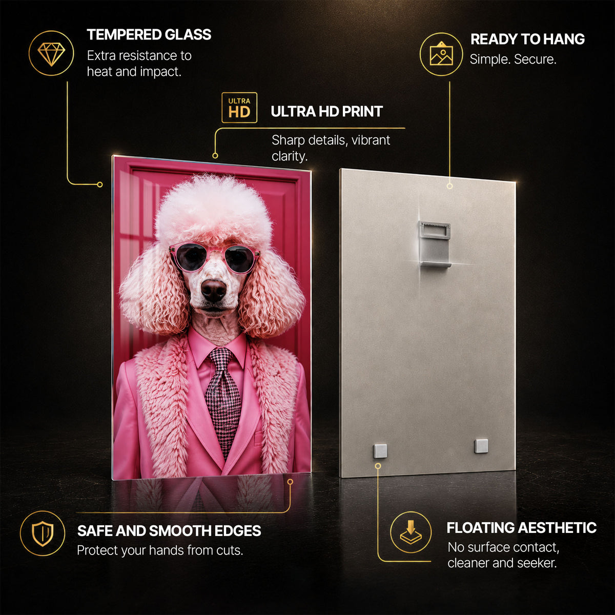 Pink Poodle Executive — tempered glass, ultra HD print, ready to hang