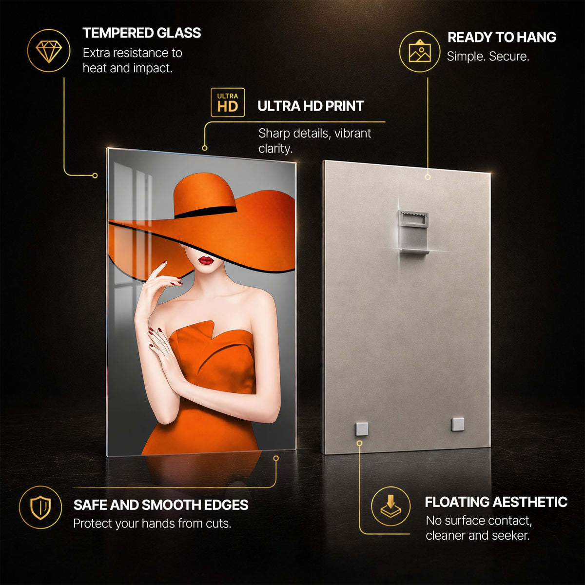 Lady in Orange — tempered glass, ultra HD print, ready to hang