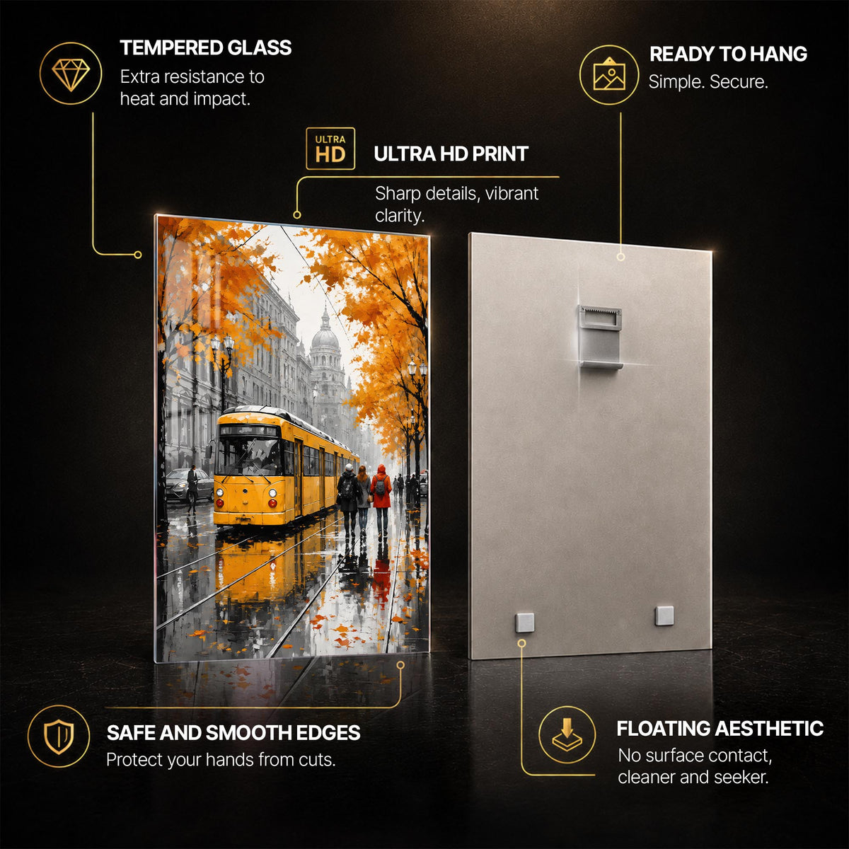 Yellow Tram in Rain — tempered glass, ultra HD print, ready to hang