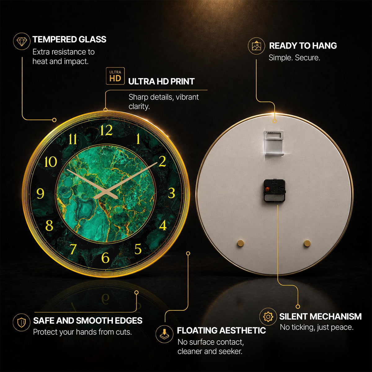 Emerald Gold Marble — tempered glass, ultra HD print, ready to hang