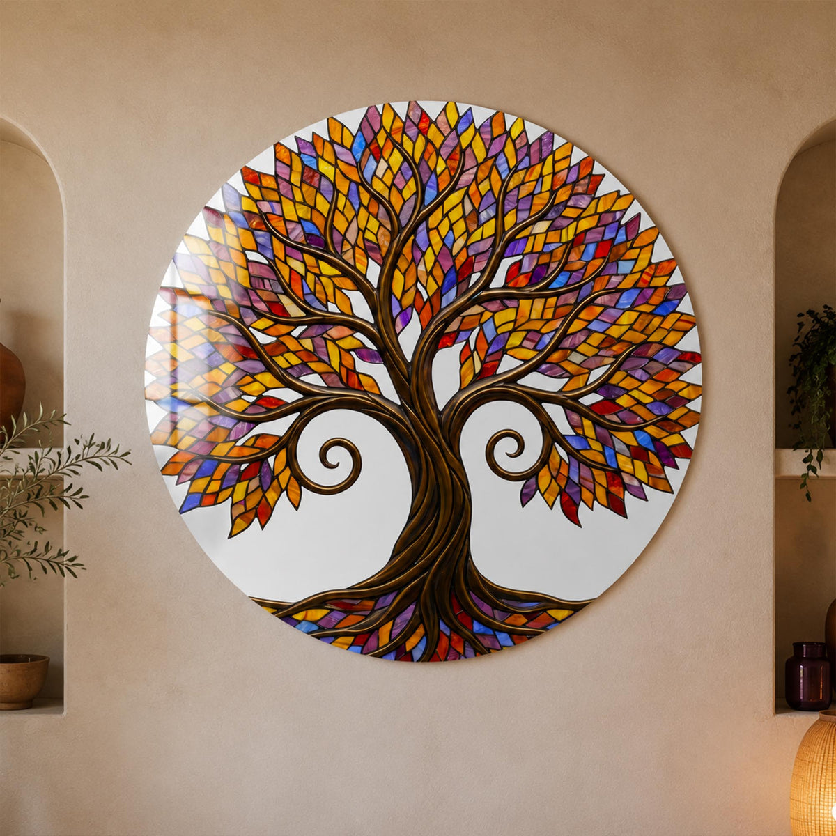 Autumn Mosaic Tree — tempered glass, ultra HD print, ready to hang
