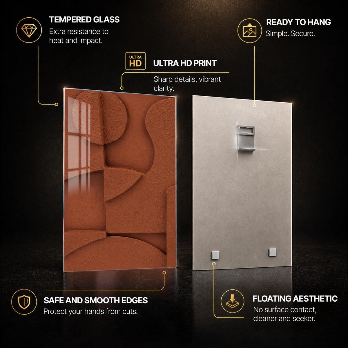 Terracotta Relief Forms — tempered glass, ultra HD print, ready to hang