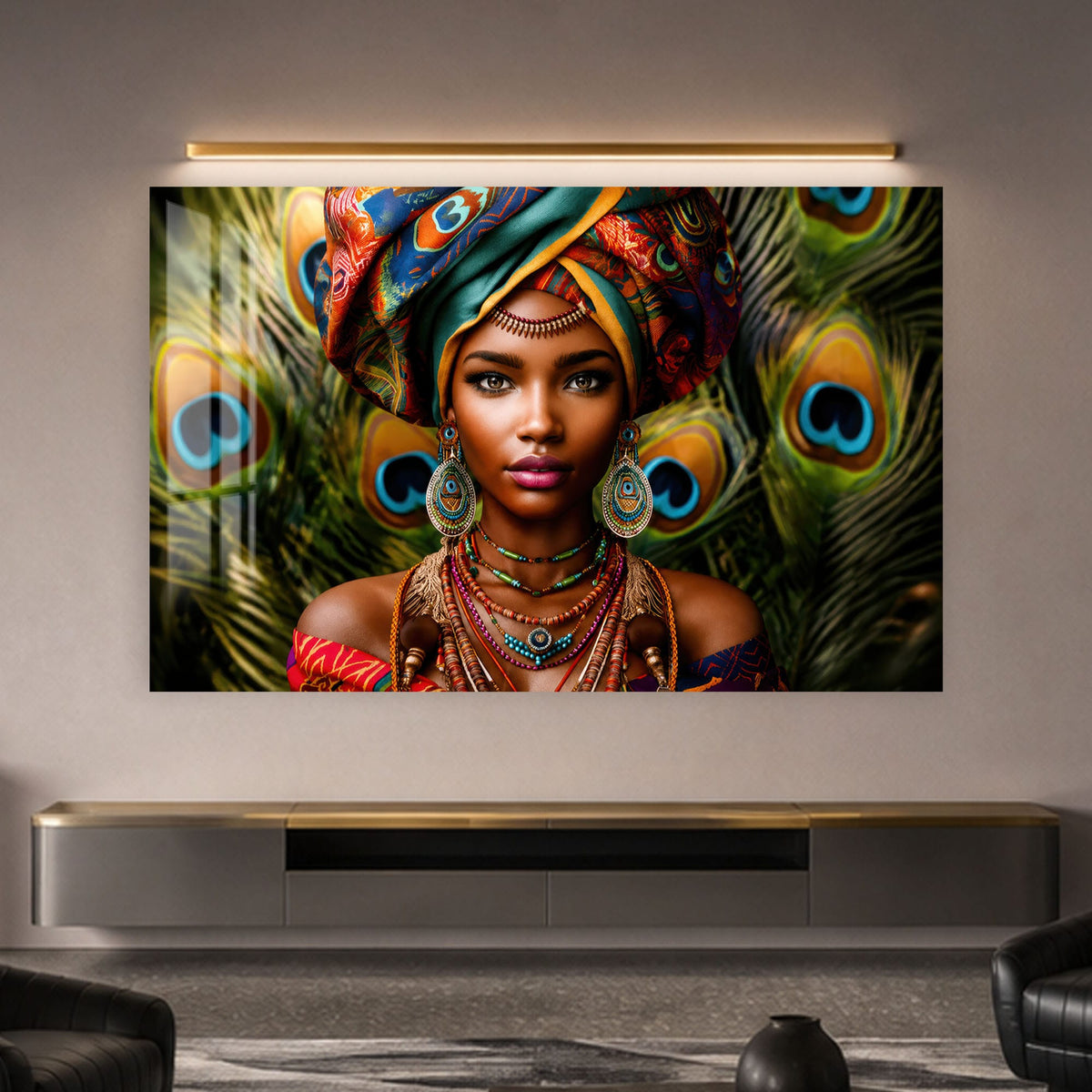Artronauts Glass Print Peacock Queen Portrait Glass Wall Art