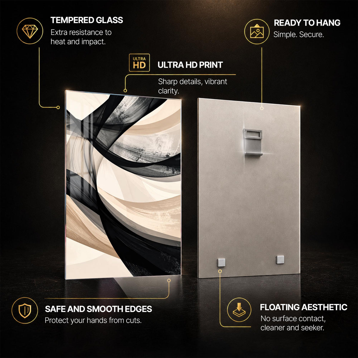 Monochrome Flowing Ribbons — tempered glass, ultra HD print, ready to hang