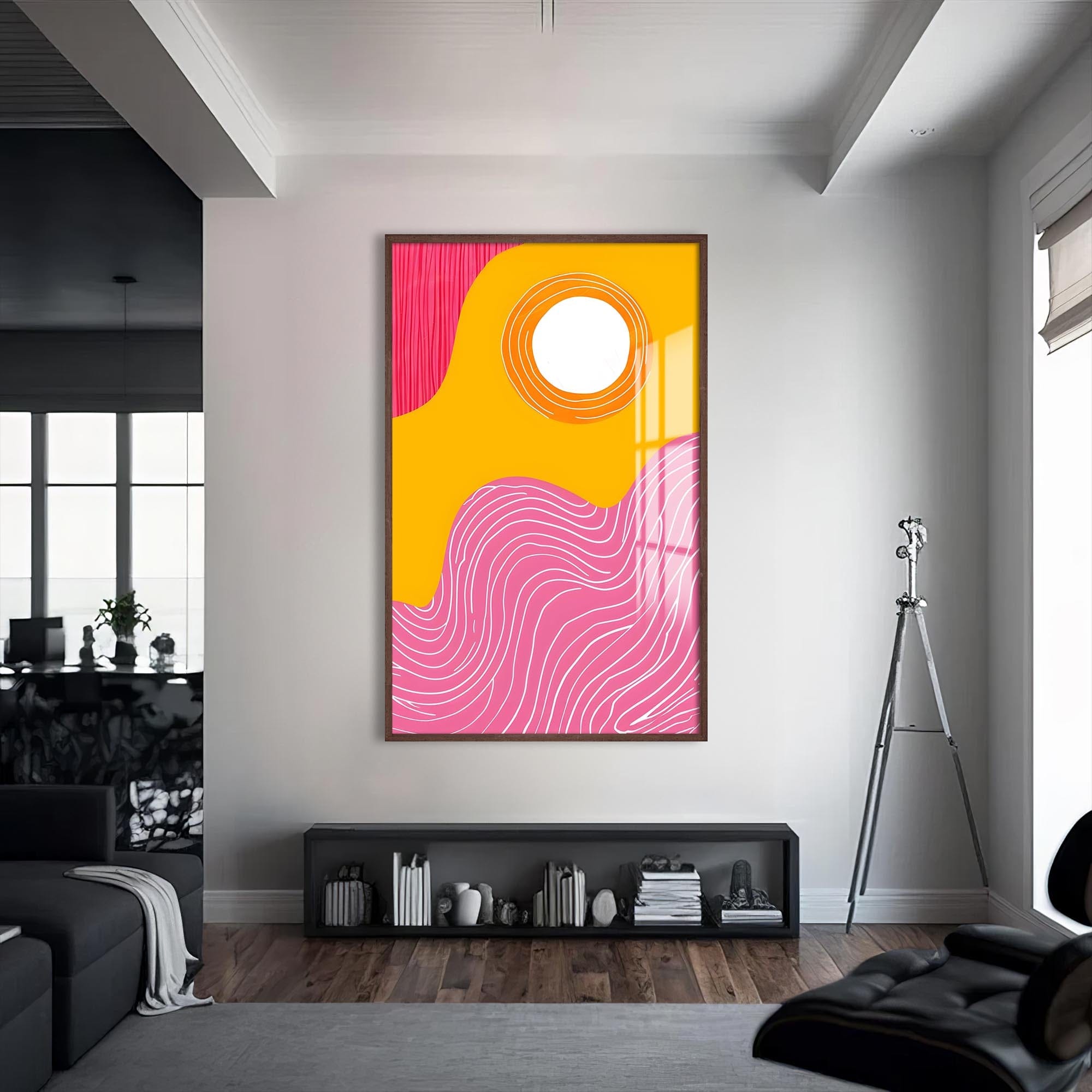 Artronauts Glass Print S | 72x46 cm | 28.3"x18.1" / Walnut Sun & Waves - Abstract Tempered Glass Wall Art