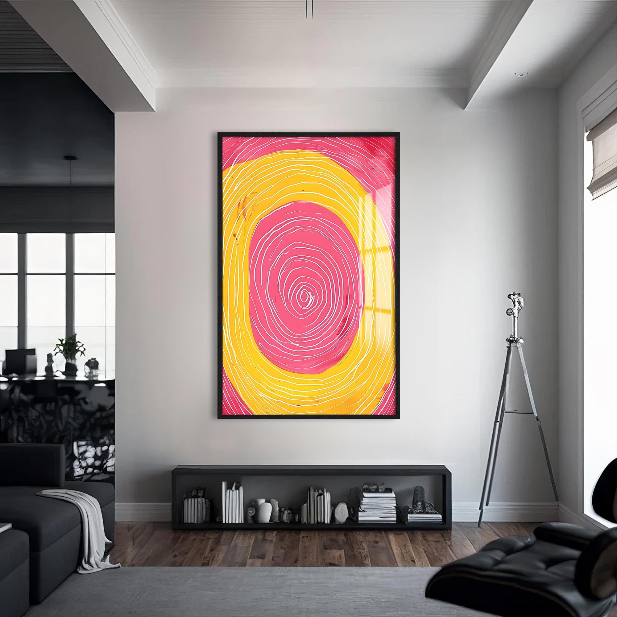 Artronauts Glass Print S | 72x46 cm | 28.3"x18.1" / Black Abstract Pink & Yellow Spiral- Tempered Glass Wall Art