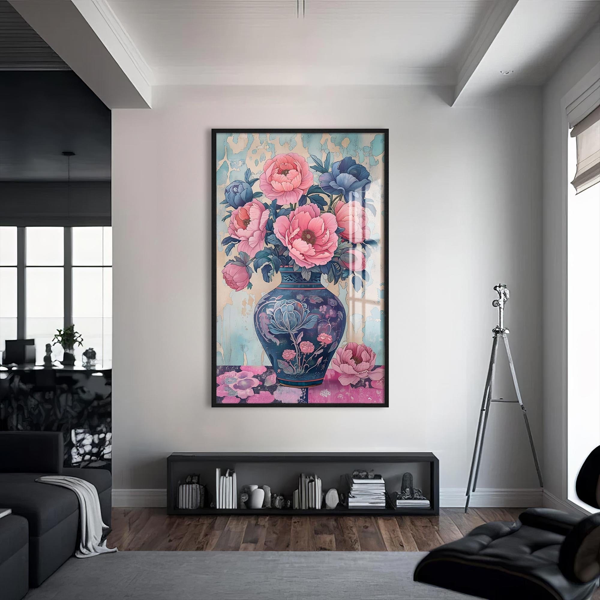 Artronauts Glass Print S | 72x46 cm | 28.3"x18.1" / Black Floral Vase II- Abstarct Tempered Glass Wall Art