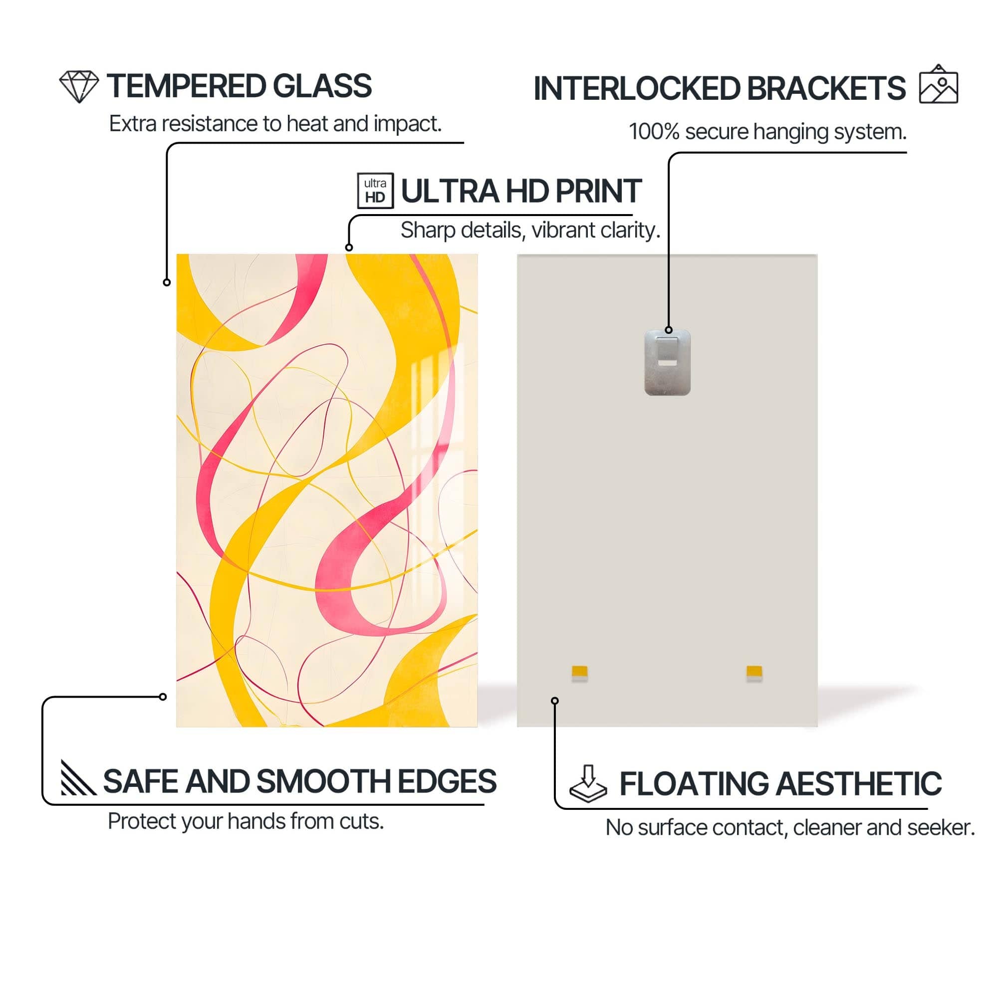 Artronauts Glass Print Yellow&Pink Curves -Abstract Tempered Glass Wall Art