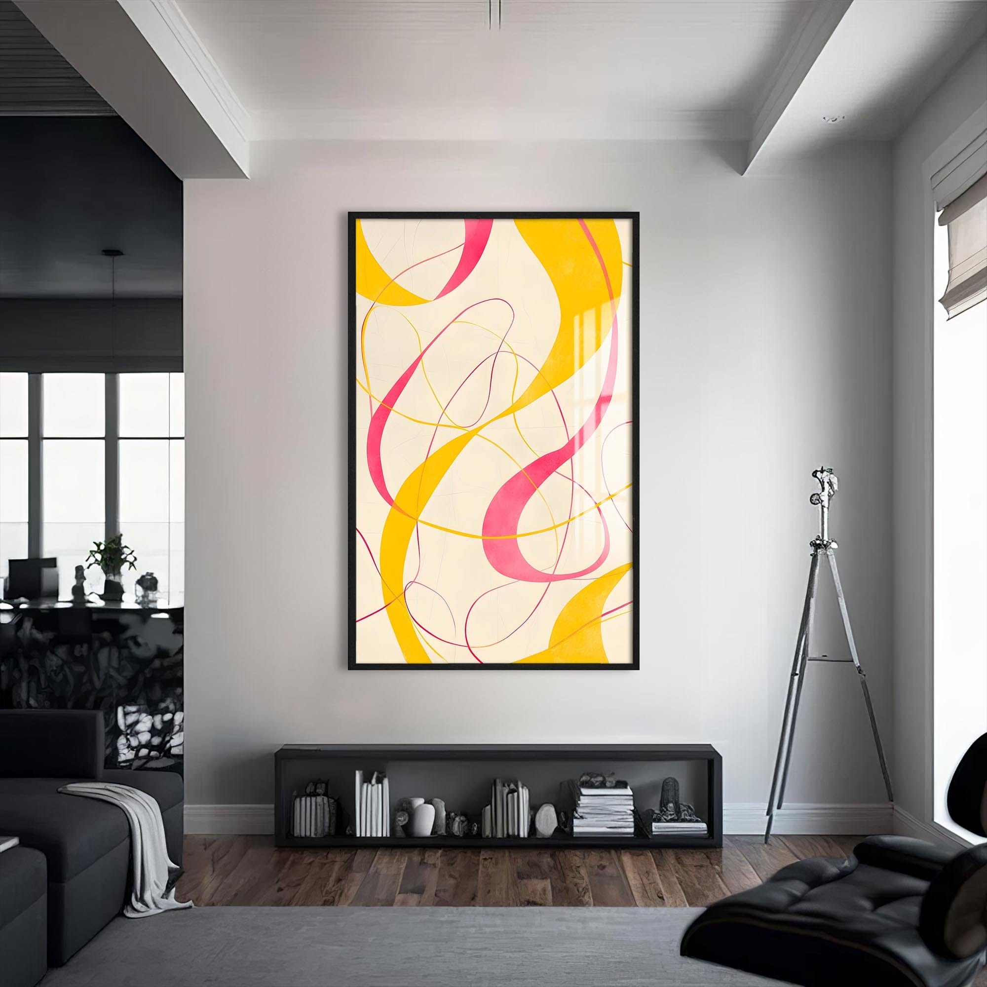 Artronauts Glass Print S | 72x46 cm | 28.3"x18.1" / Black Yellow&Pink Curves -Abstract Tempered Glass Wall Art