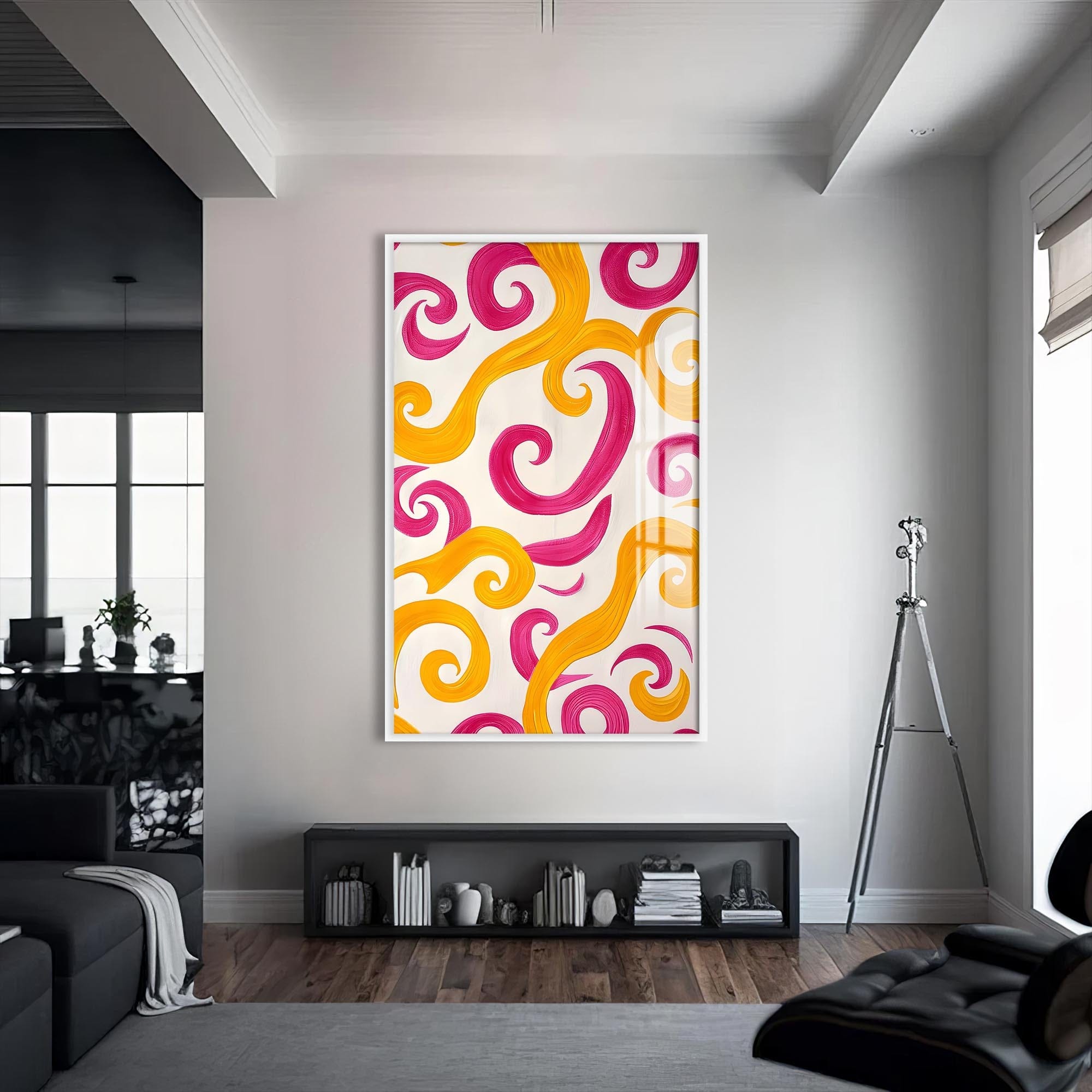 Artronauts Glass Print S | 72x46 cm | 28.3"x18.1" / White Pink&Yellow Swirls - Abstract Tempered Glass Wall Art