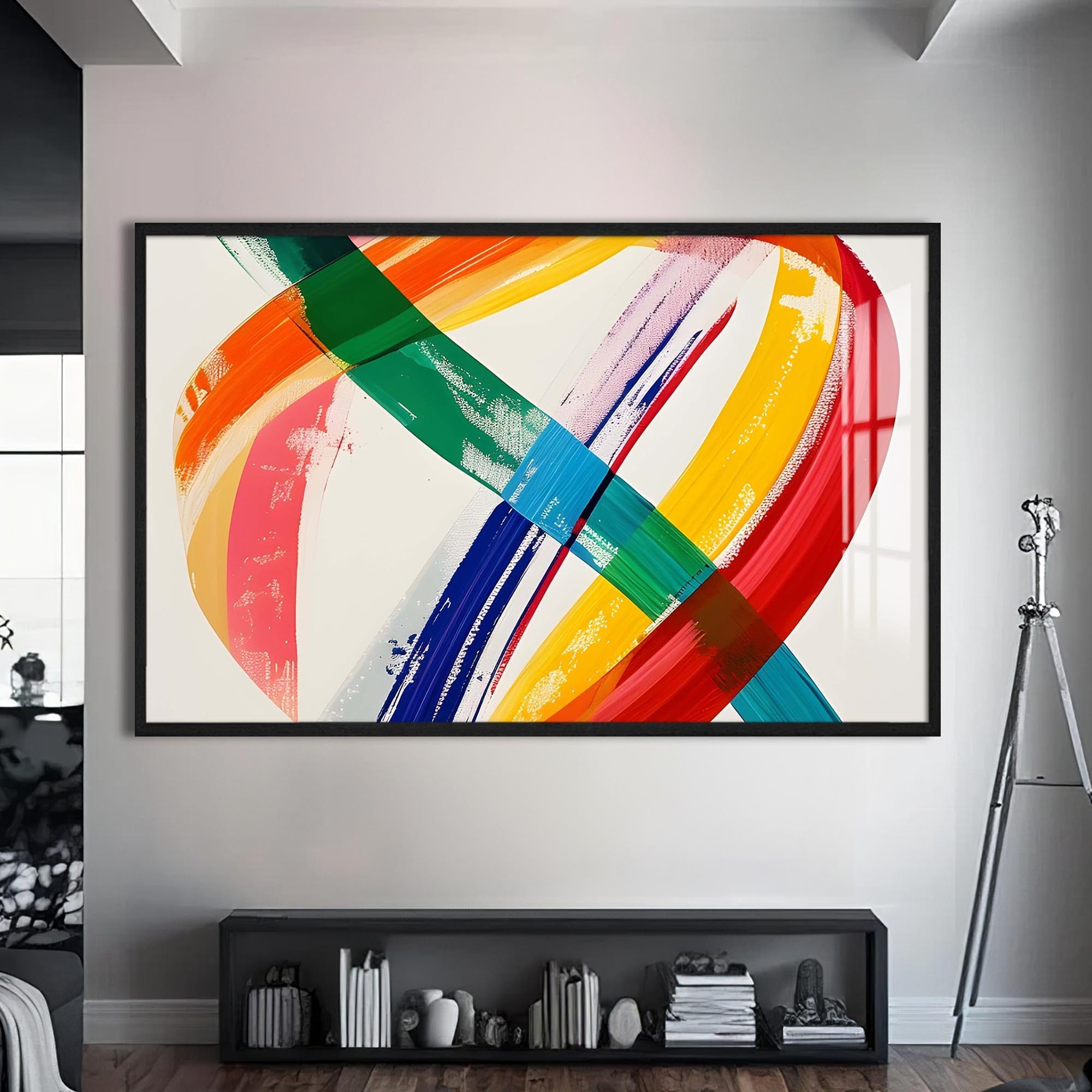 Artronauts Glass Print S | 72x46 cm | 28.3"x18.1" / Black Multicolour Brush Strokes- Abstract Tempered Glass Wall Art