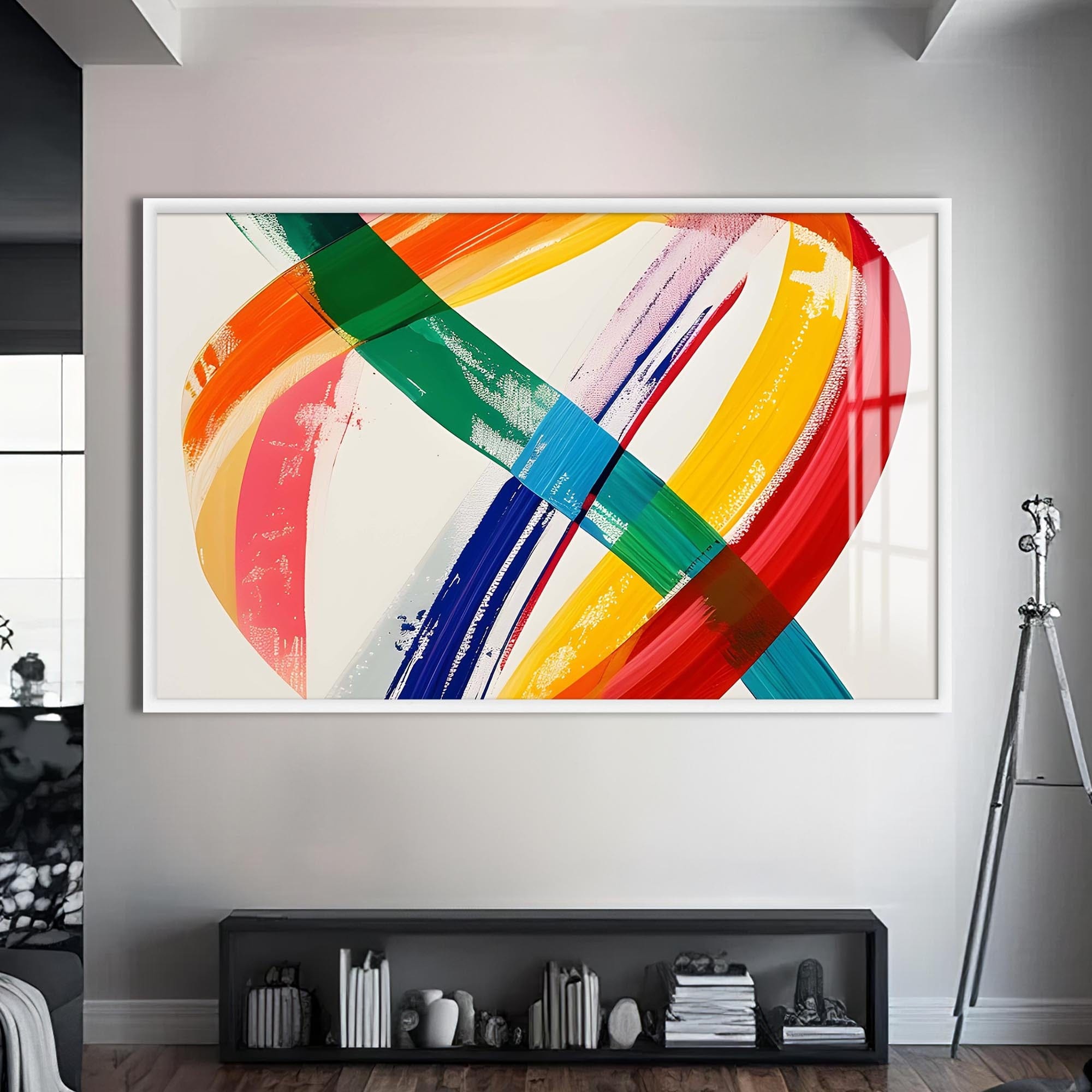 Artronauts Glass Print S | 72x46 cm | 28.3"x18.1" / White Multicolour Brush Strokes- Abstract Tempered Glass Wall Art