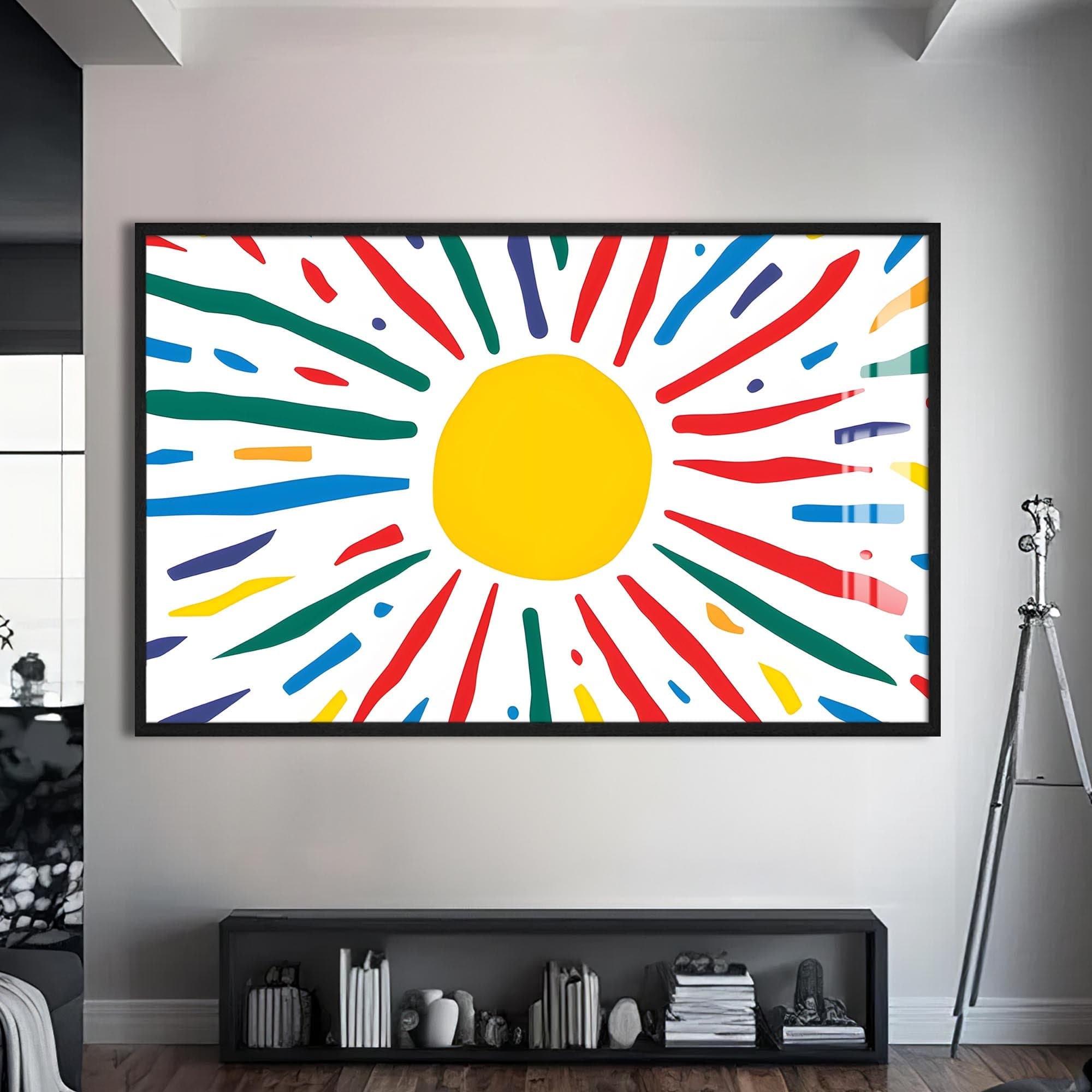 Artronauts Glass Print S | 72x46 cm | 28.3"x18.1" / Black Joyful Sunburst Lines - Abstract Tempered Glass Wall Art