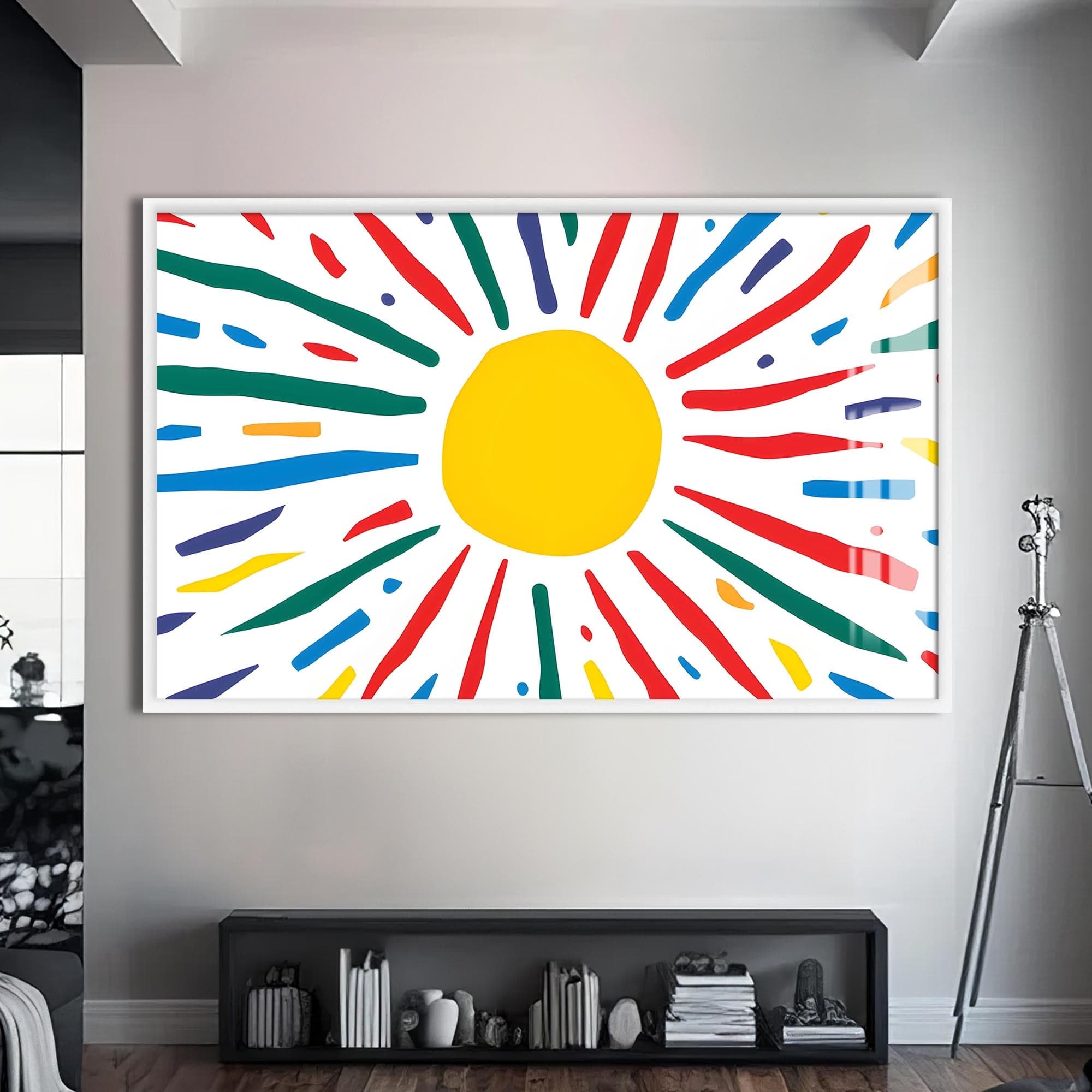 Artronauts Glass Print S | 72x46 cm | 28.3"x18.1" / White Joyful Sunburst Lines - Abstract Tempered Glass Wall Art