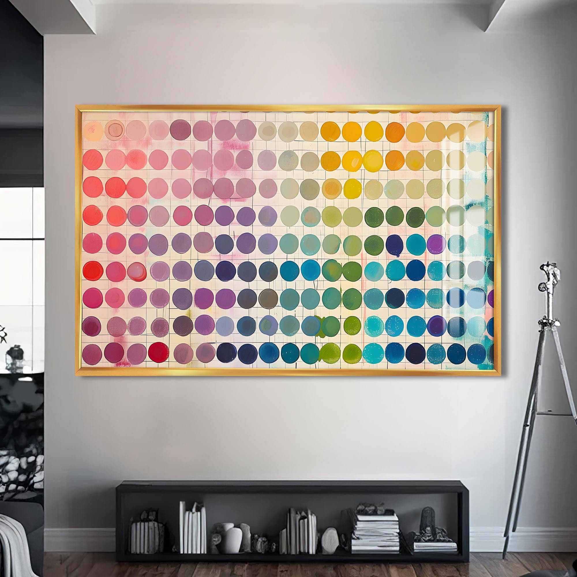 Artronauts Glass Print S | 72x46 cm | 28.3"x18.1" / Gold Pastel Dot Spectrum - Abstract Tempered Glass Wall Art