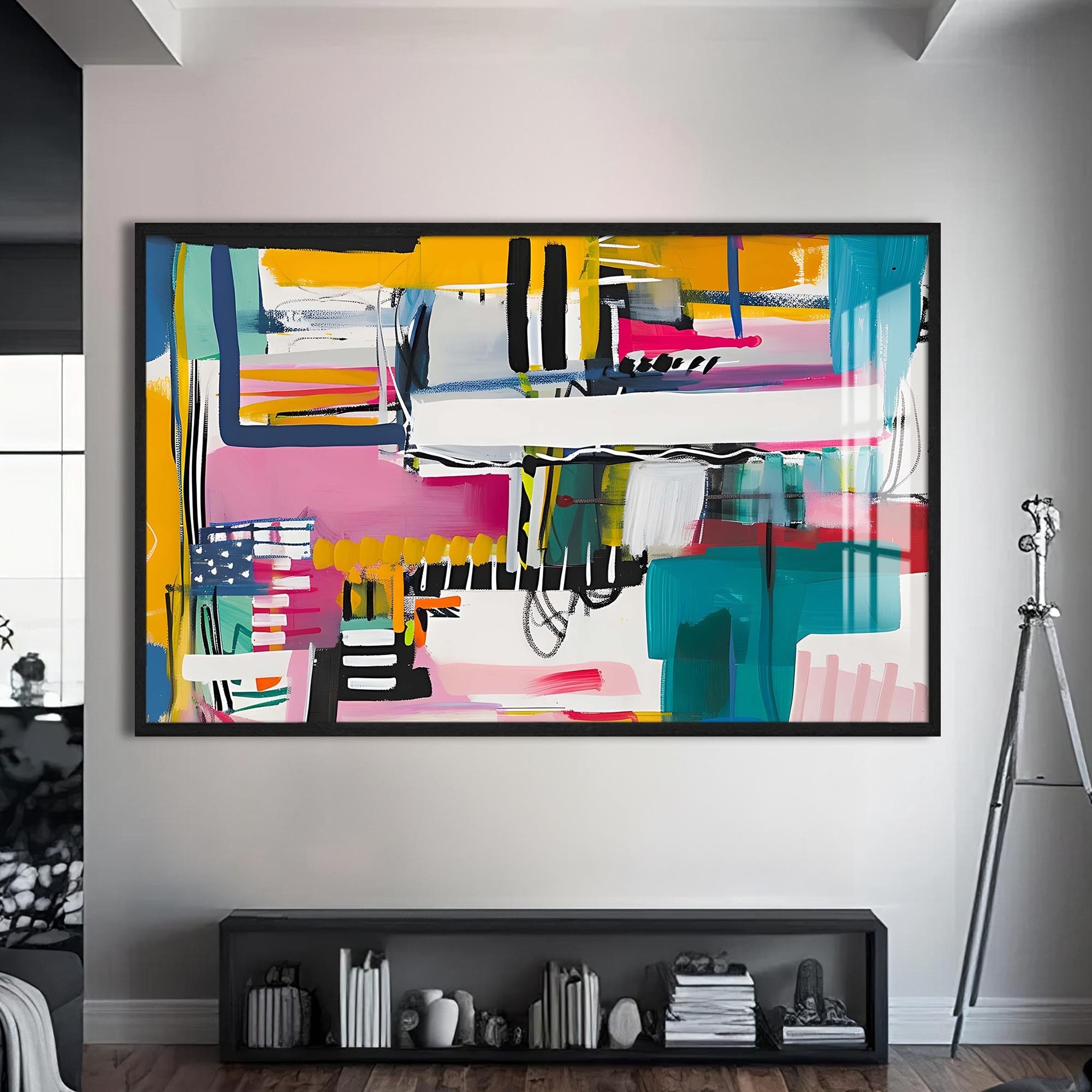 Artronauts Glass Print S | 72x46 cm | 28.3"x18.1" / Black Energetic Urban Mix - Abstract Tempered Glass Wall Art