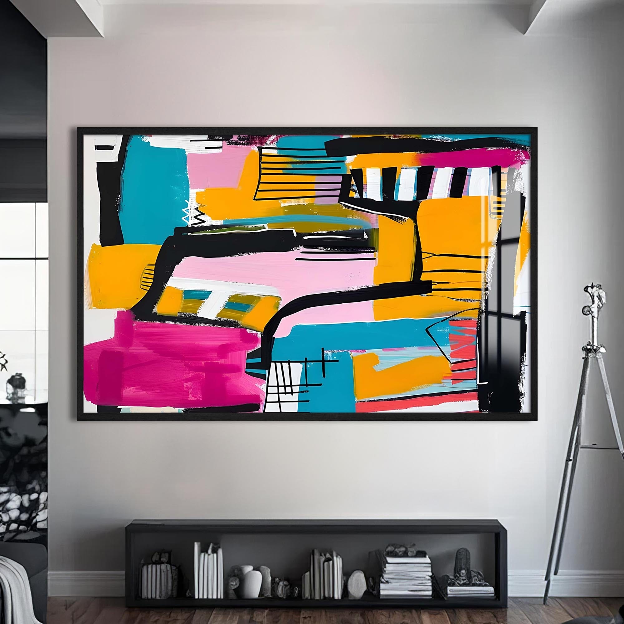 Artronauts Glass Print S | 72x46 cm | 28.3"x18.1" / Black Vibrant Urban Blocks - Abstract Tempered Glass Wall Art