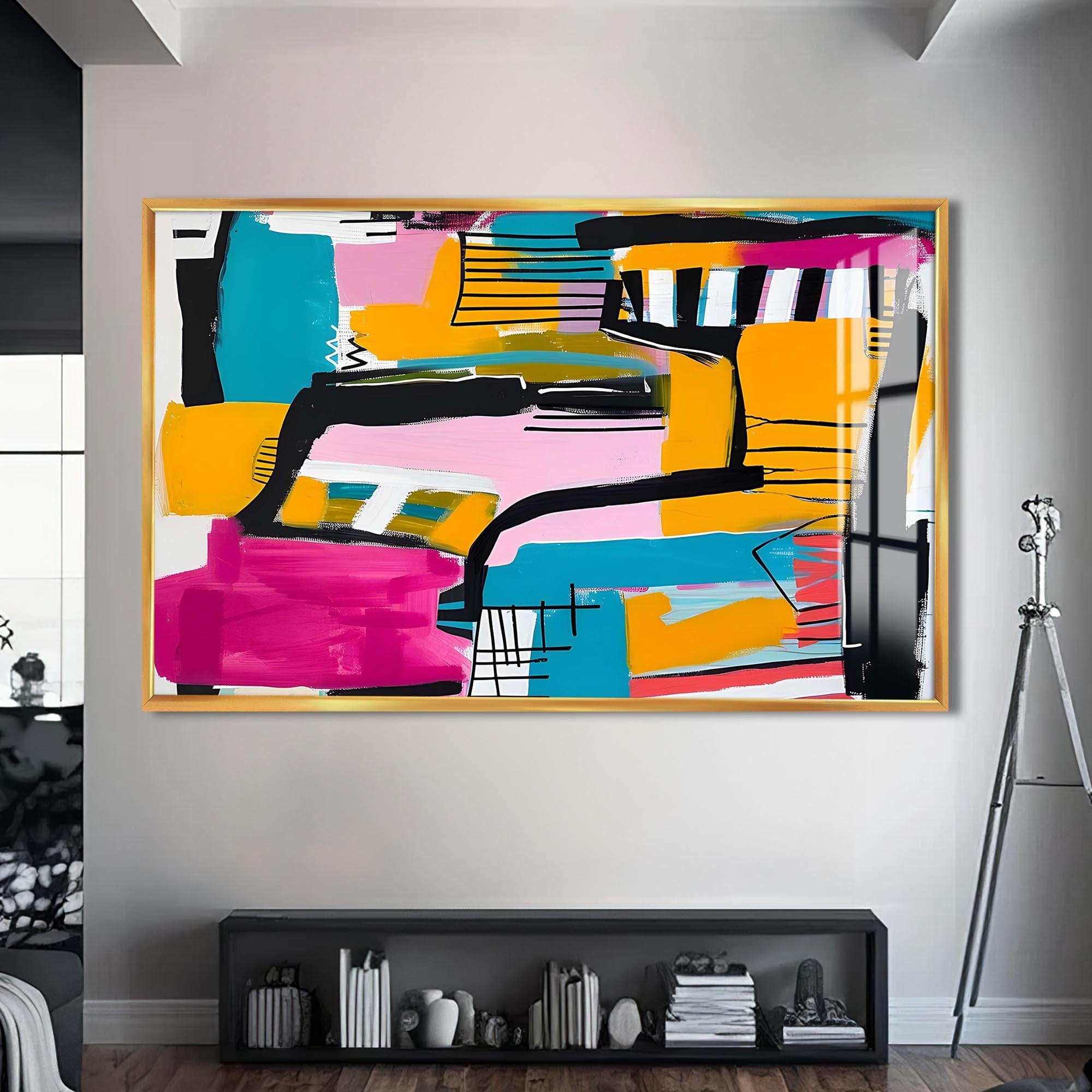 Artronauts Glass Print S | 72x46 cm | 28.3"x18.1" / Gold Vibrant Urban Blocks - Abstract Tempered Glass Wall Art