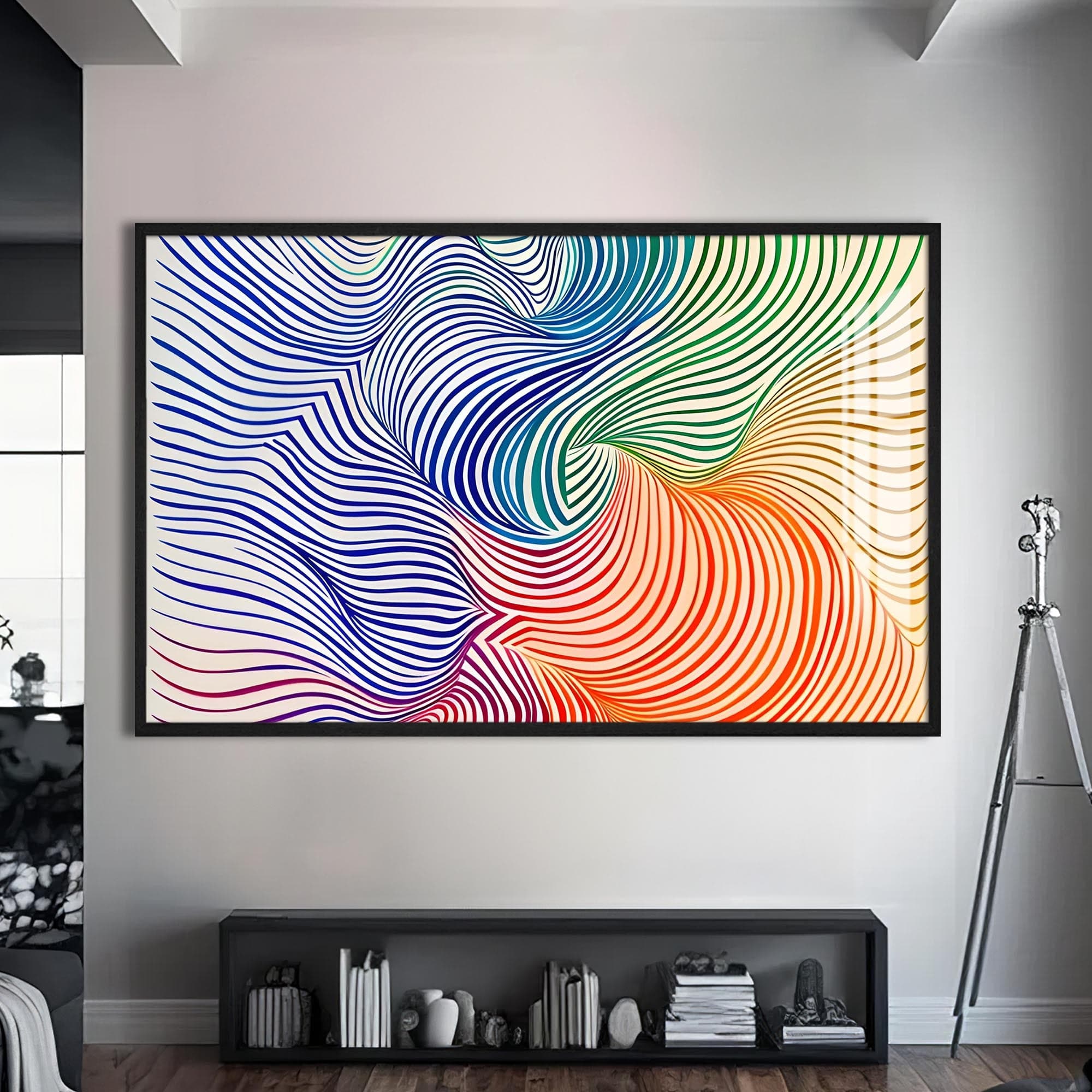 Artronauts Glass Print S | 72x46 cm | 28.3"x18.1" / Black Rainbow Line Swirl- Abstract Tempered Glass Wall Art