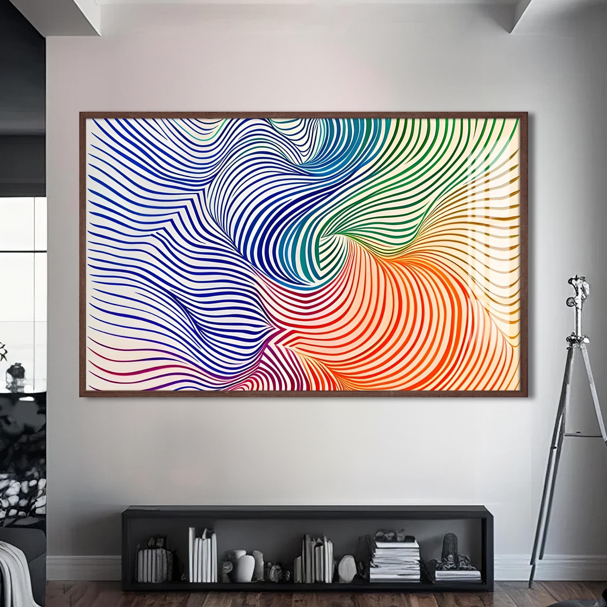 Artronauts Glass Print S | 72x46 cm | 28.3"x18.1" / Walnut Rainbow Line Swirl- Abstract Tempered Glass Wall Art