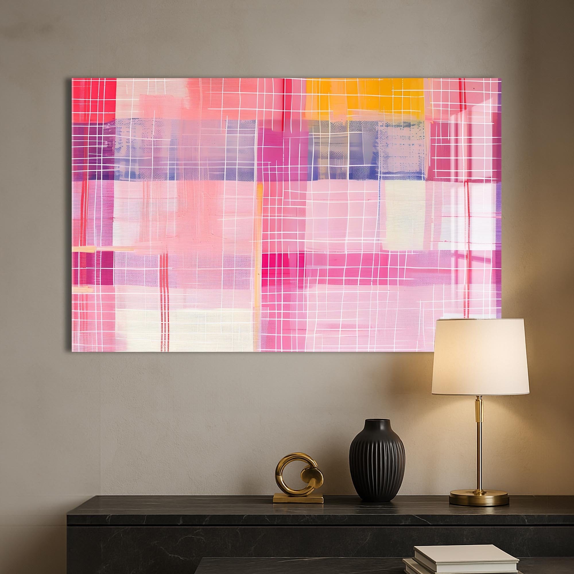 Artronauts Glass Print Pink Horizon Grid - Abstract Tempered Glass Wall Art