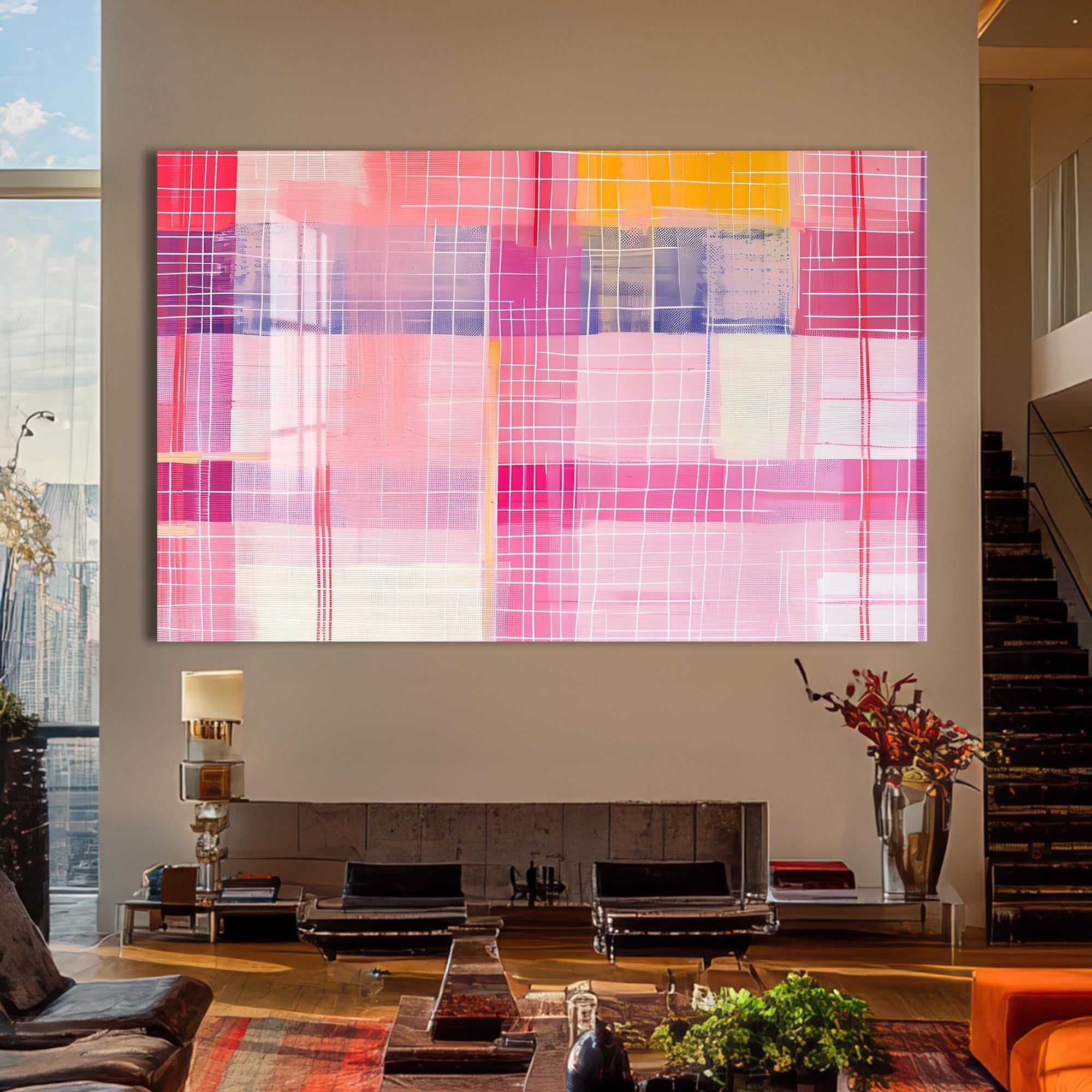 Artronauts Glass Print Pink Horizon Grid - Abstract Tempered Glass Wall Art