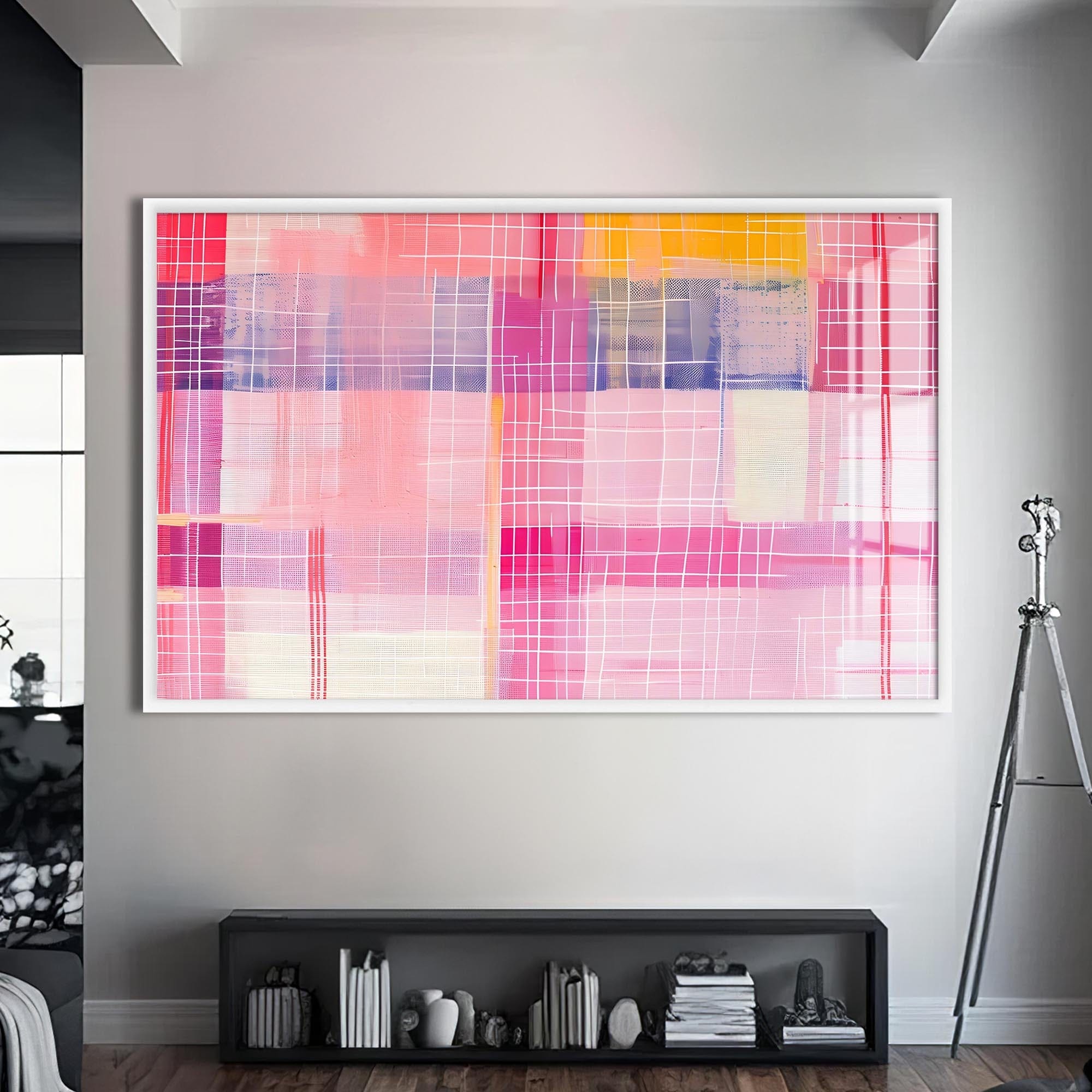 Artronauts Glass Print S | 72x46 cm | 28.3"x18.1" / White Pink Horizon Grid - Abstract Tempered Glass Wall Art
