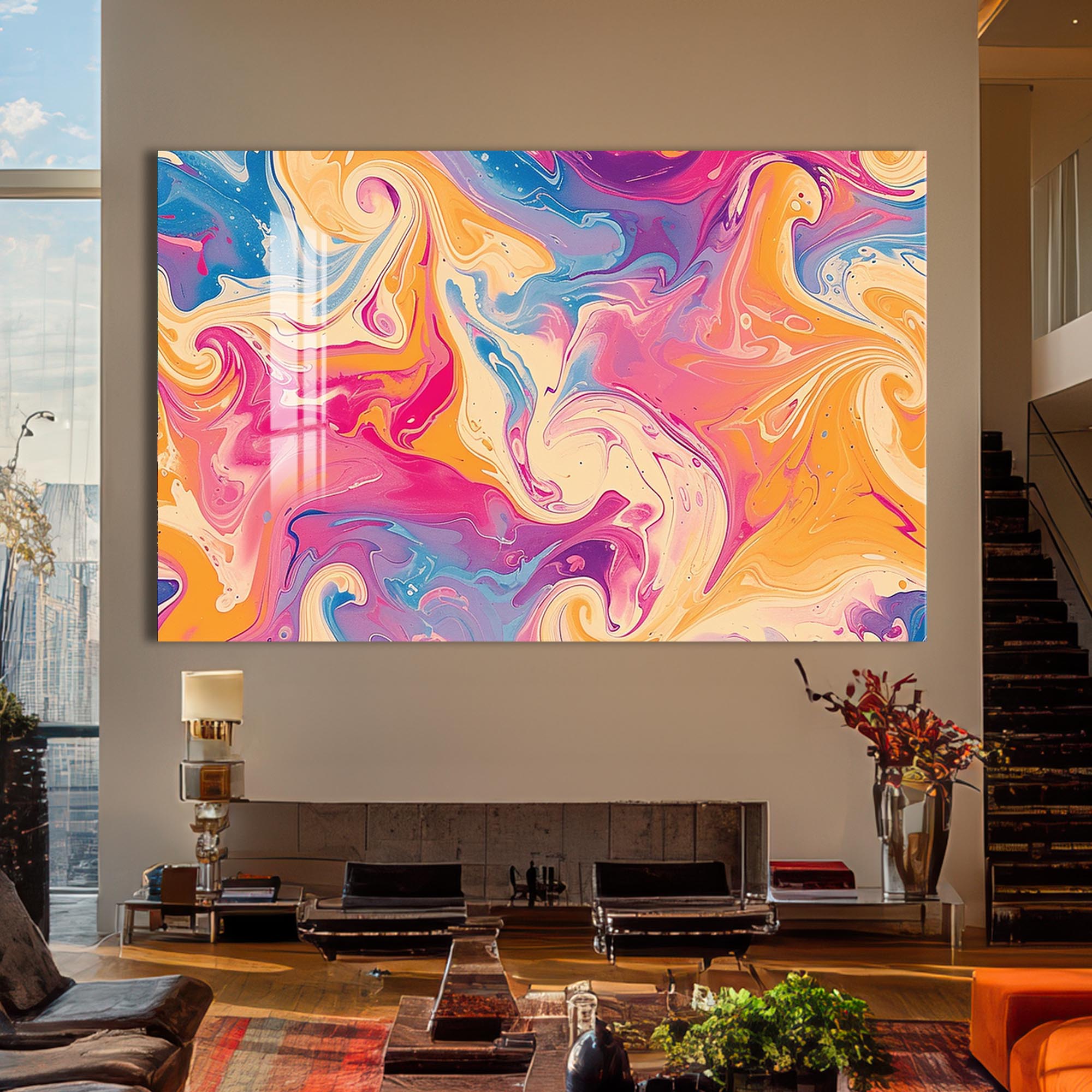 Artronauts Glass Print Marble Swirl Sunrise - Abstract Tempered Glass Wall Art