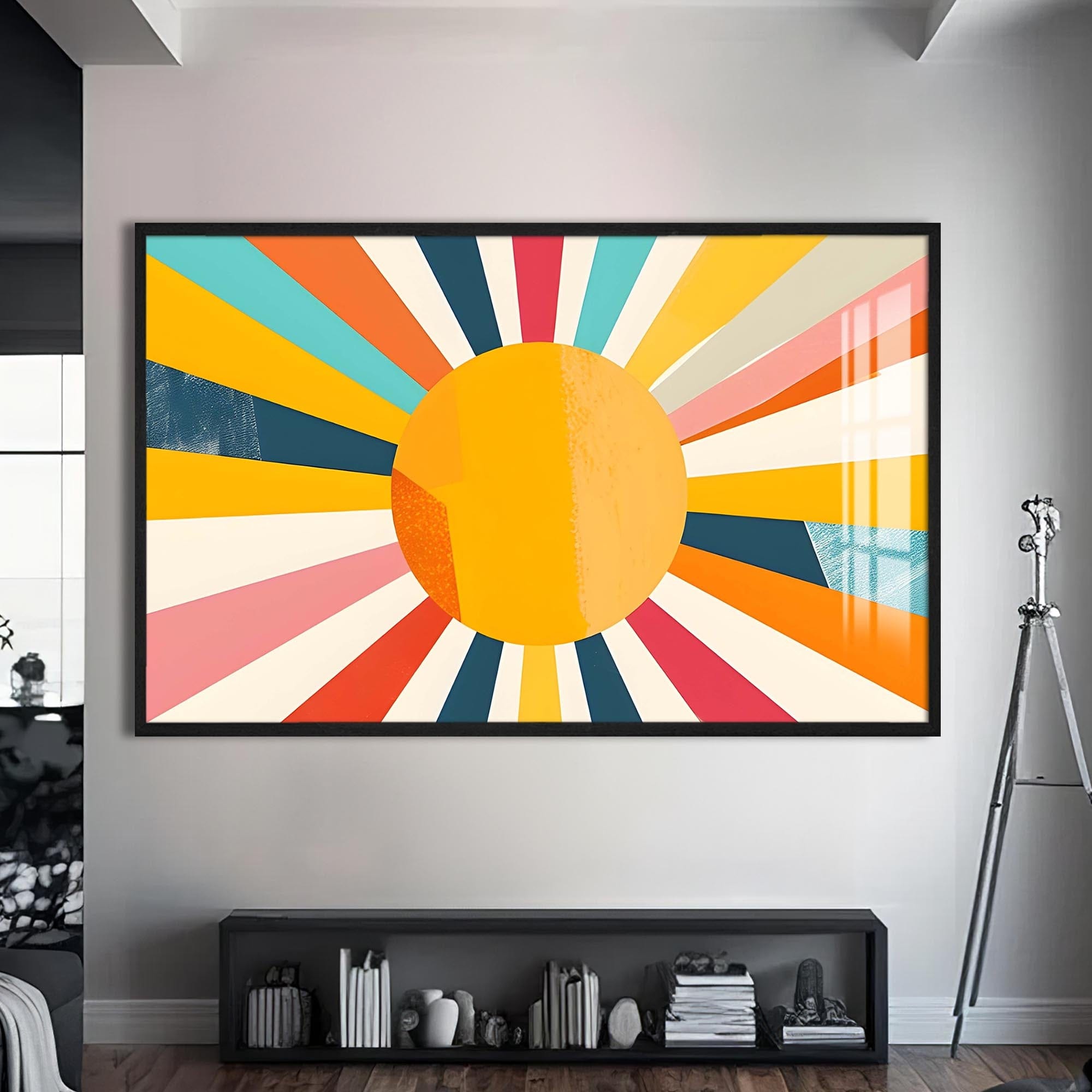 Artronauts Glass Print S | 72x46 cm | 28.3"x18.1" / Black Warm Sunburst Bold- Abstract Tempered Glass Wall Art