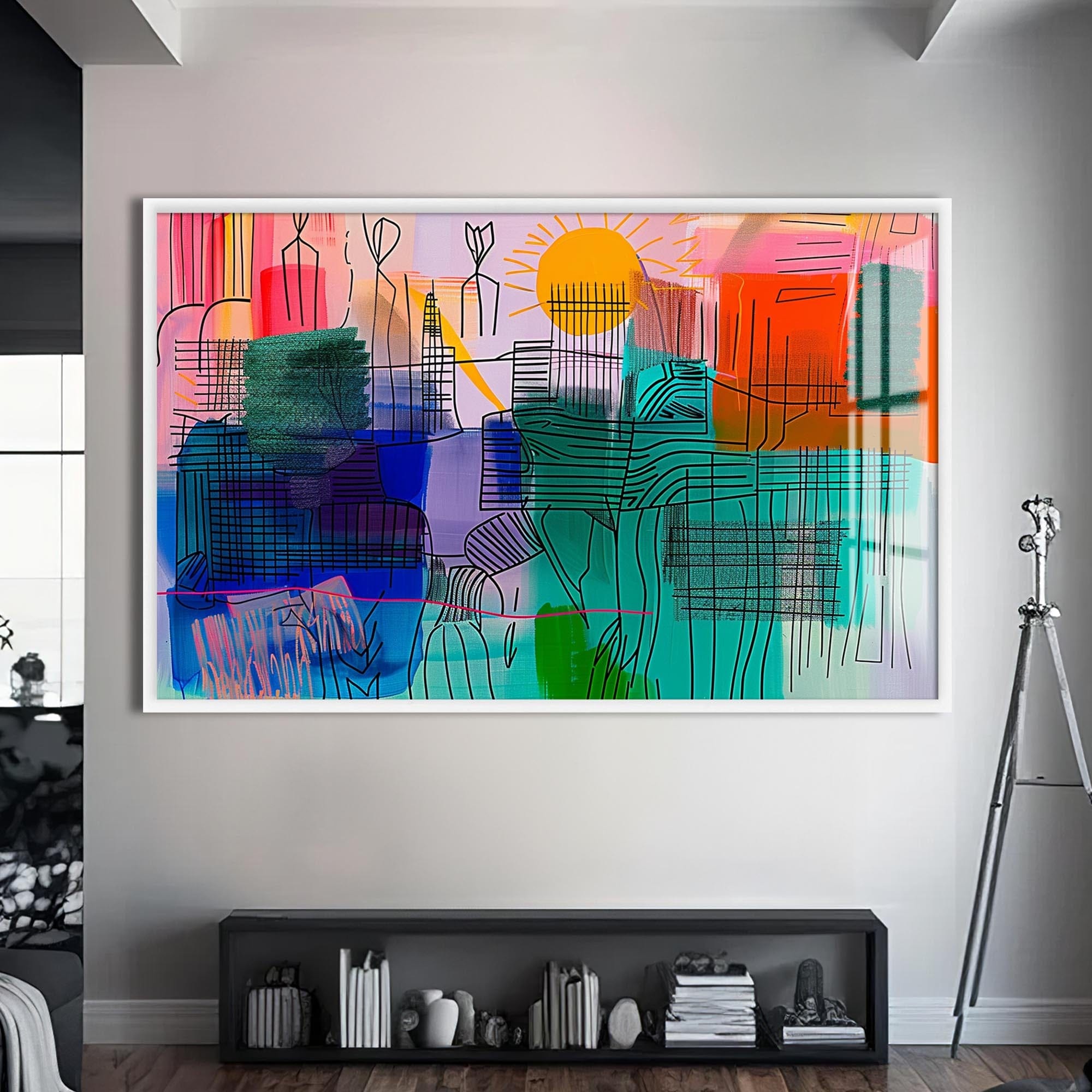 Artronauts Glass Print S | 72x46 cm | 28.3"x18.1" / White Sunlit City Lines – Abstract Tempered Glass Wall Art